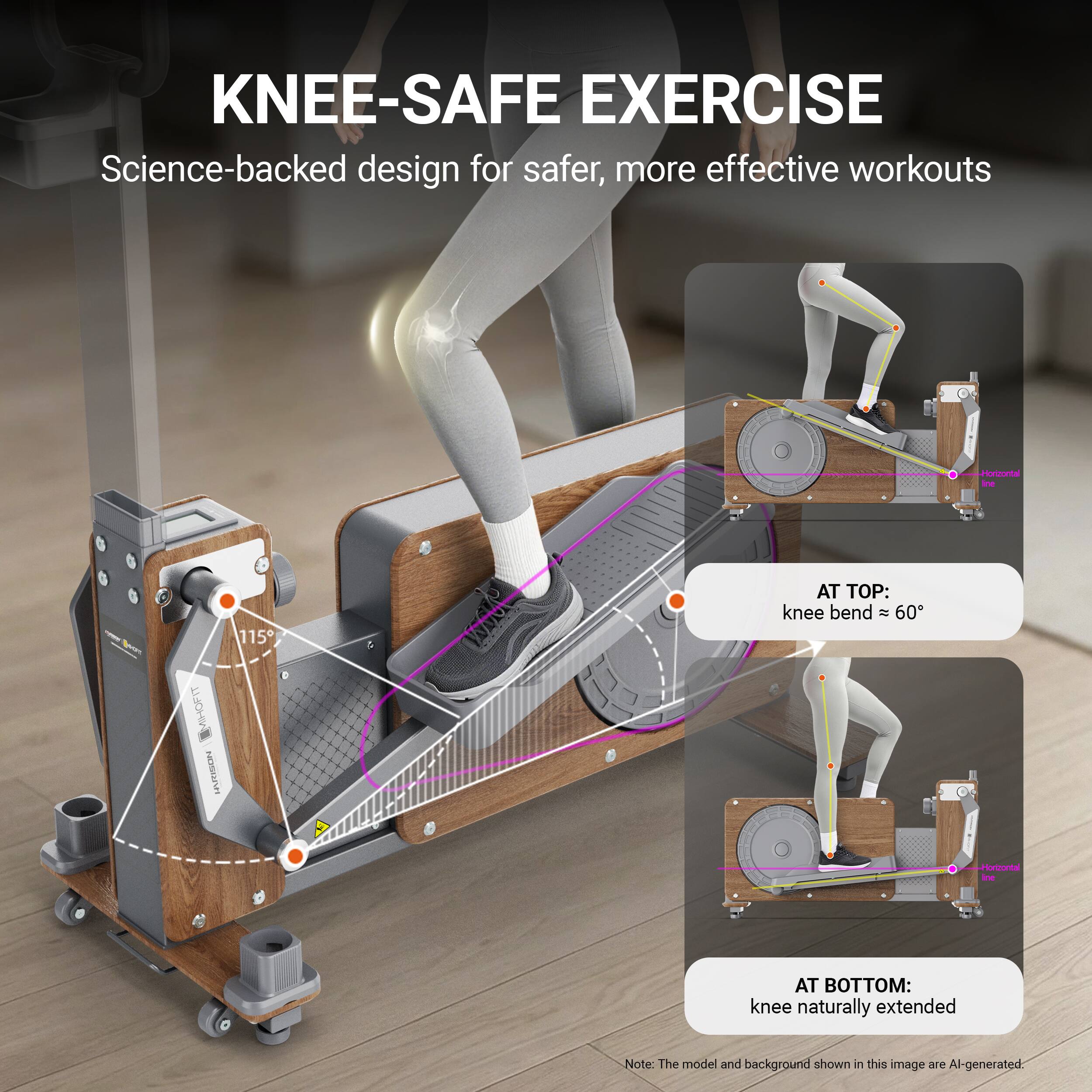 KNEE-SAFE EXERCISE  
Science-backed design for safer, more effective workouts  

AT TOP: knee bend ≈ 60°  

AT BOTTOM: knee naturally extended  

Note: The model and background shown in this image are AI-generated.