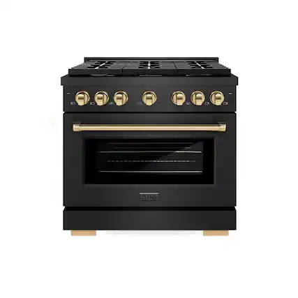 Front. ZLINE - ZLINE Autograph 36 in. 5.2 cu. ft. Manual Clean Freestanding Gas Range in Black Satin Stainless Steel and Gold Accents - Black Satin Stainless Steel.