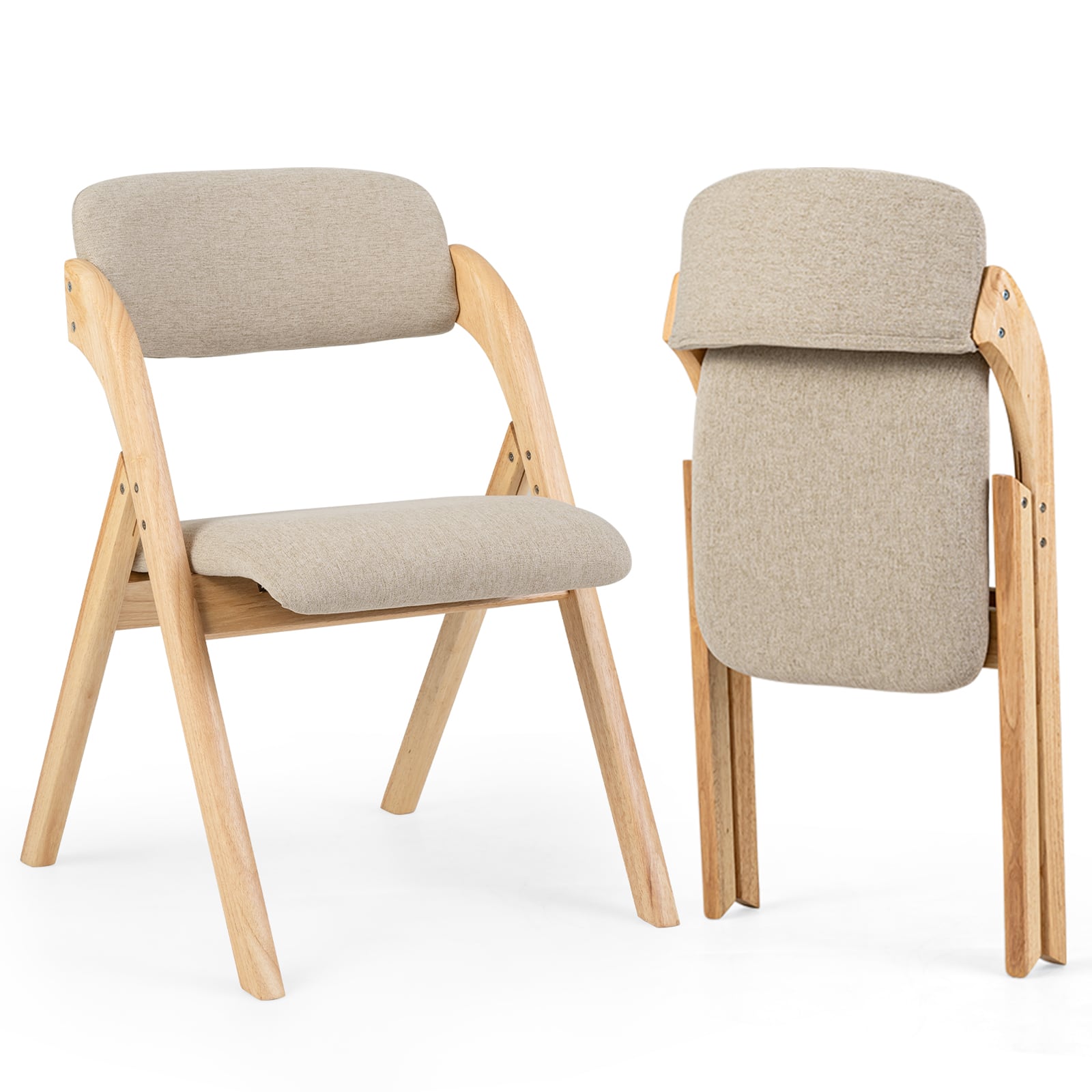 Costway - Folding Dining Chairs Set of 2 with Cushion, Linen Fabric Padded Seat, Wood Frame - Natural + Khaki price history on PriceWatchPro