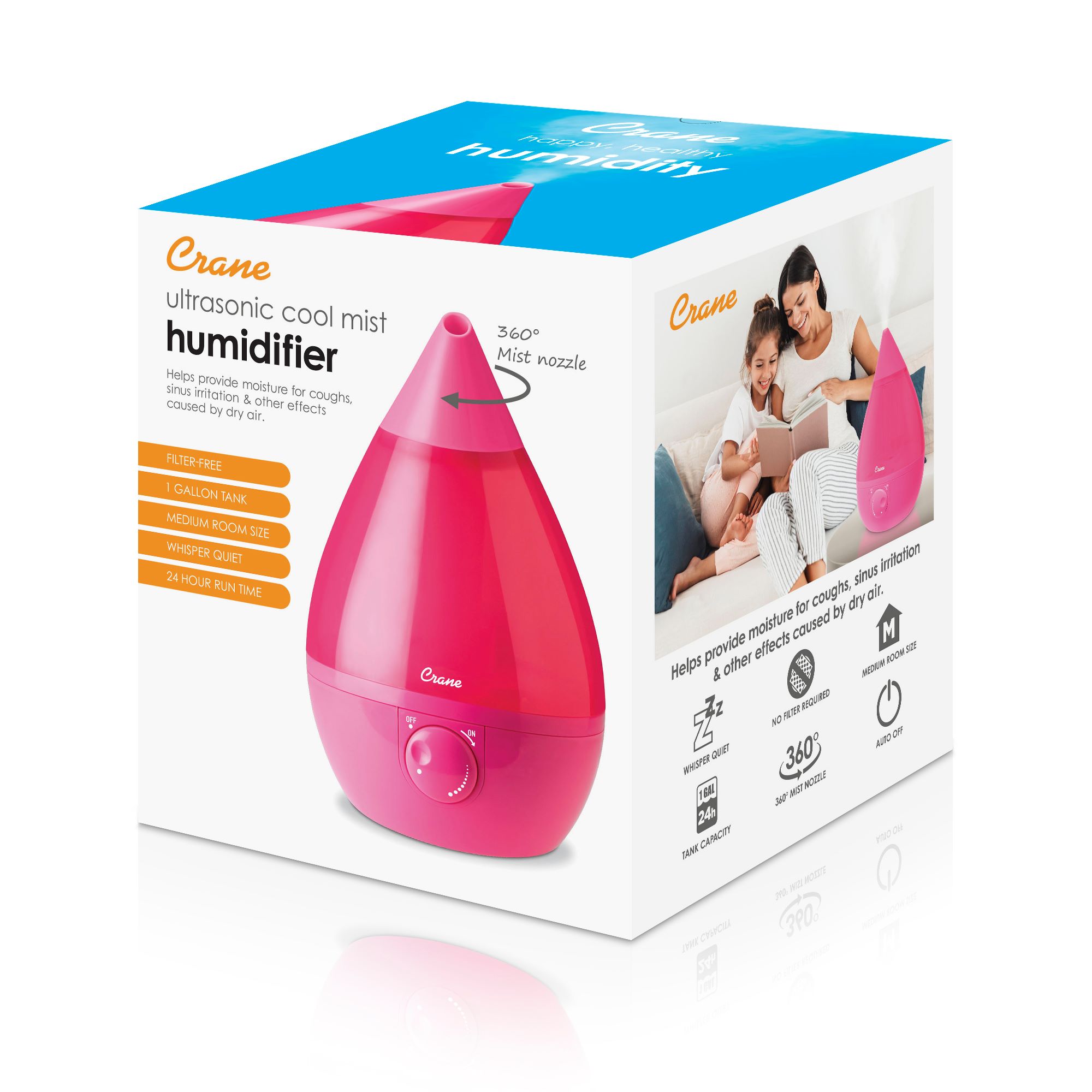 CRANE 1 Gal. Drop Ultrasonic Cool Mist Humidifier Pink EE-5301P 