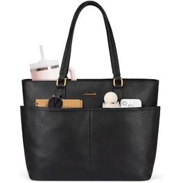LOVEVOOK - Work Tote Bags for Women, Vintage Leather 15.6 Inch Laptop Bag with Large Cup Holder - Black