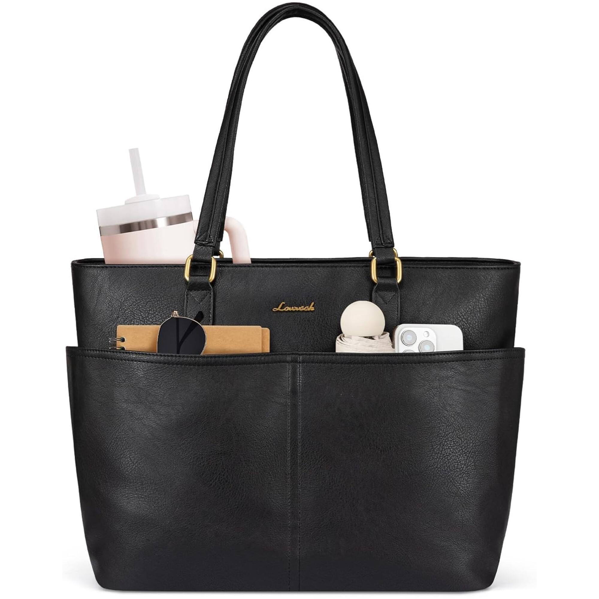 Front. LOVEVOOK - LOVEVOOK Work Tote Bags for Women, Vintage Leather 15.6 Inch Laptop Bag with Large Cup Holder in Black - Black.