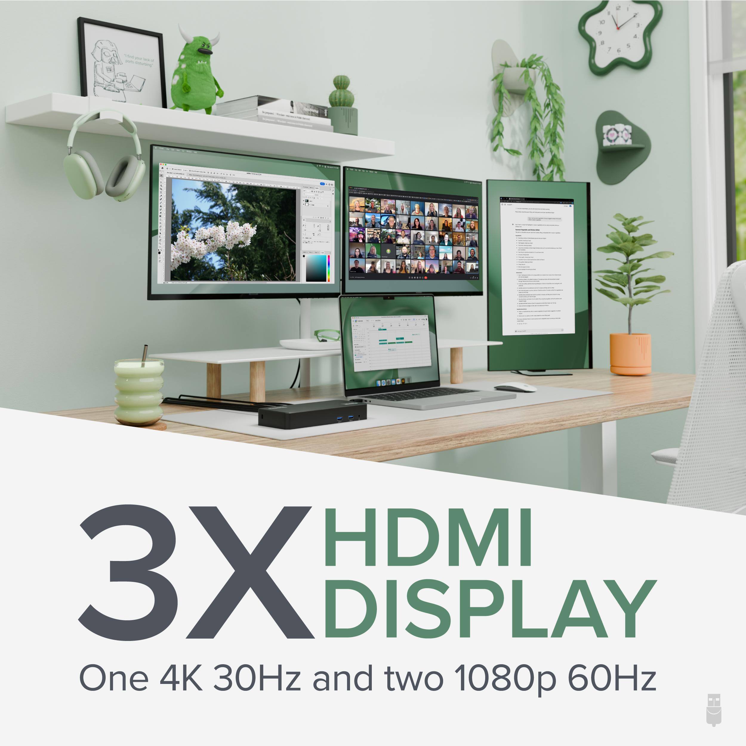 HDMI 3X DISPLAY One 4K 30Hz and two 1080p 60Hz