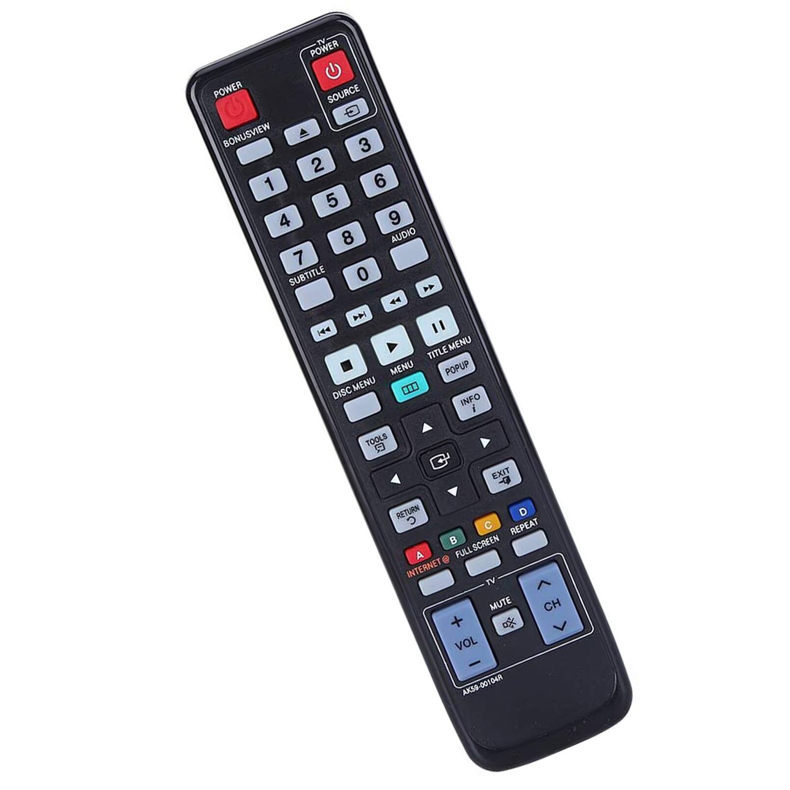 POWER POWER SOURCE BONUSVIEW A 3 2 1 6 5 4 9 8 AUDIO 7 SUBTITLE 0  44 D  1 MENU TITLE MENU POPUP DISC MENU 0 INFO i TOOLS 5 EXIT 4 RETURN D C C REPEAT  A FULLSCREEN FULL INTERNET TV MUTE CH o VOL AK50-00104A