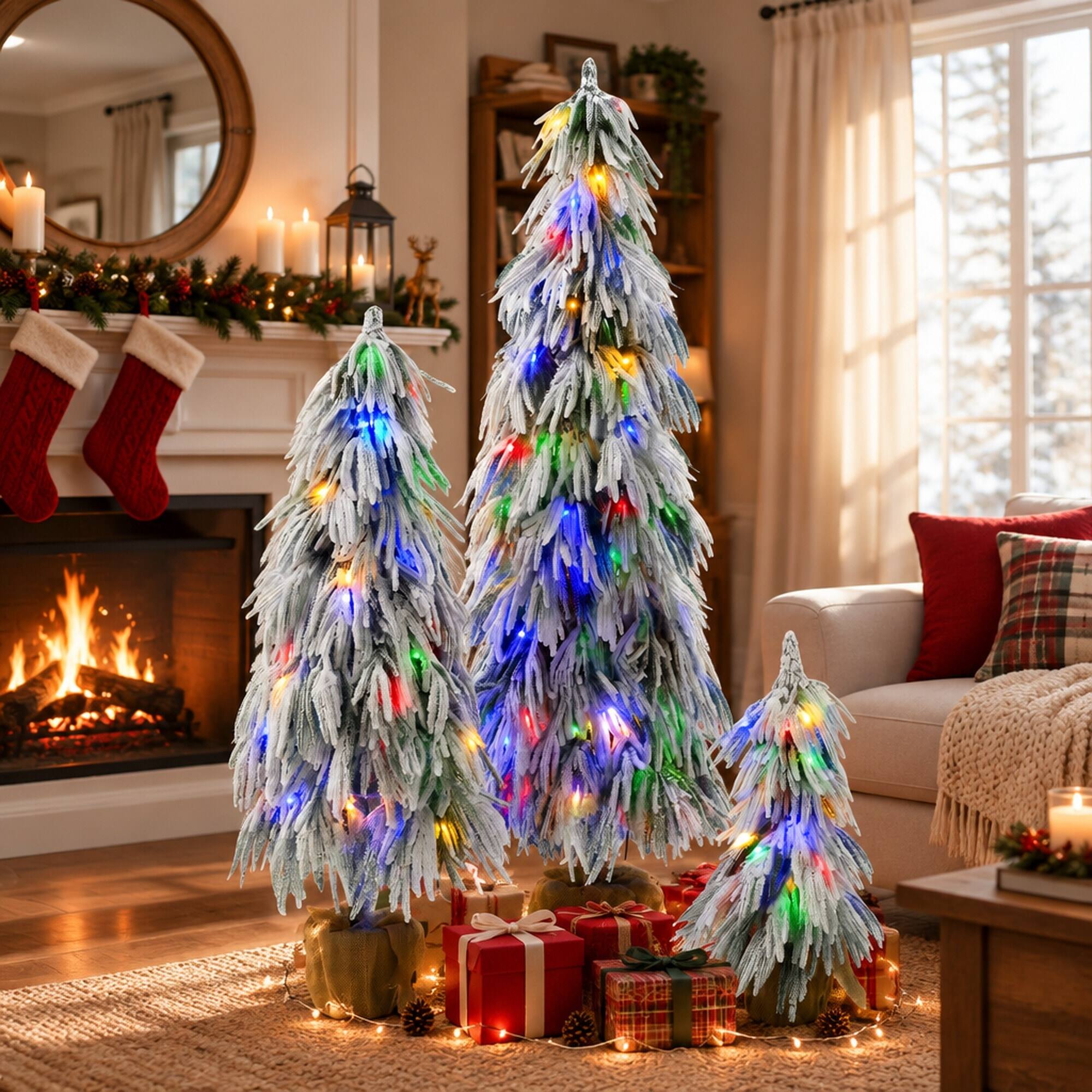 Angle. RYHNUYNE - 3-Piece Pre-Lit Flocked Christmas Tree Set With 3FT 4.5FT 6FT Trees and 235 Warm White Multi-Color LED Lights - Green,White.
