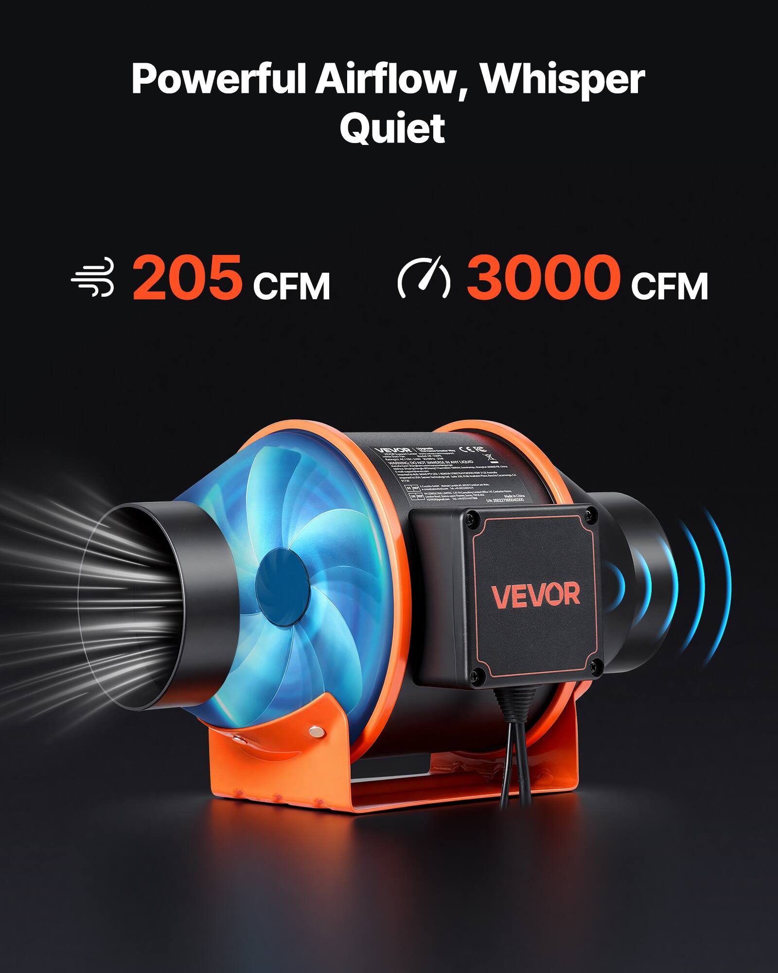 Powerful Airflow, Whisper Quiet  
205 CFM  
3000 CFM  
VEVOR