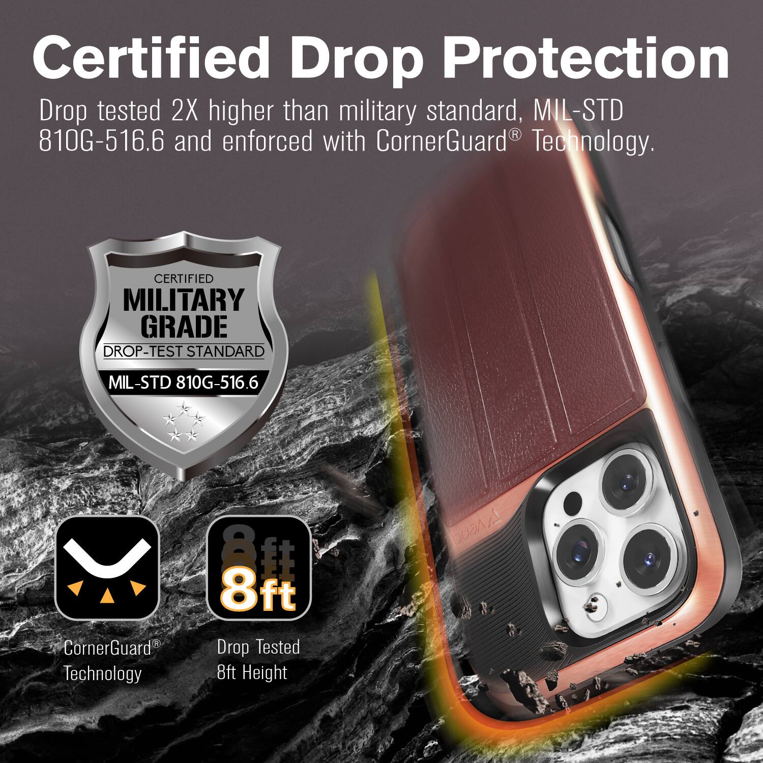 Certified Drop Protection, Drop tested 2X higher than military standard, MIL-STD 810G-516.6 and enforced with CornerGuard Technology. CERTIFIED MILITARY GRADE DROP-TEST STANDARD MIL-STD 810G-516.6 CornerGuard Technology 8ft Drop Tested 8ft Height