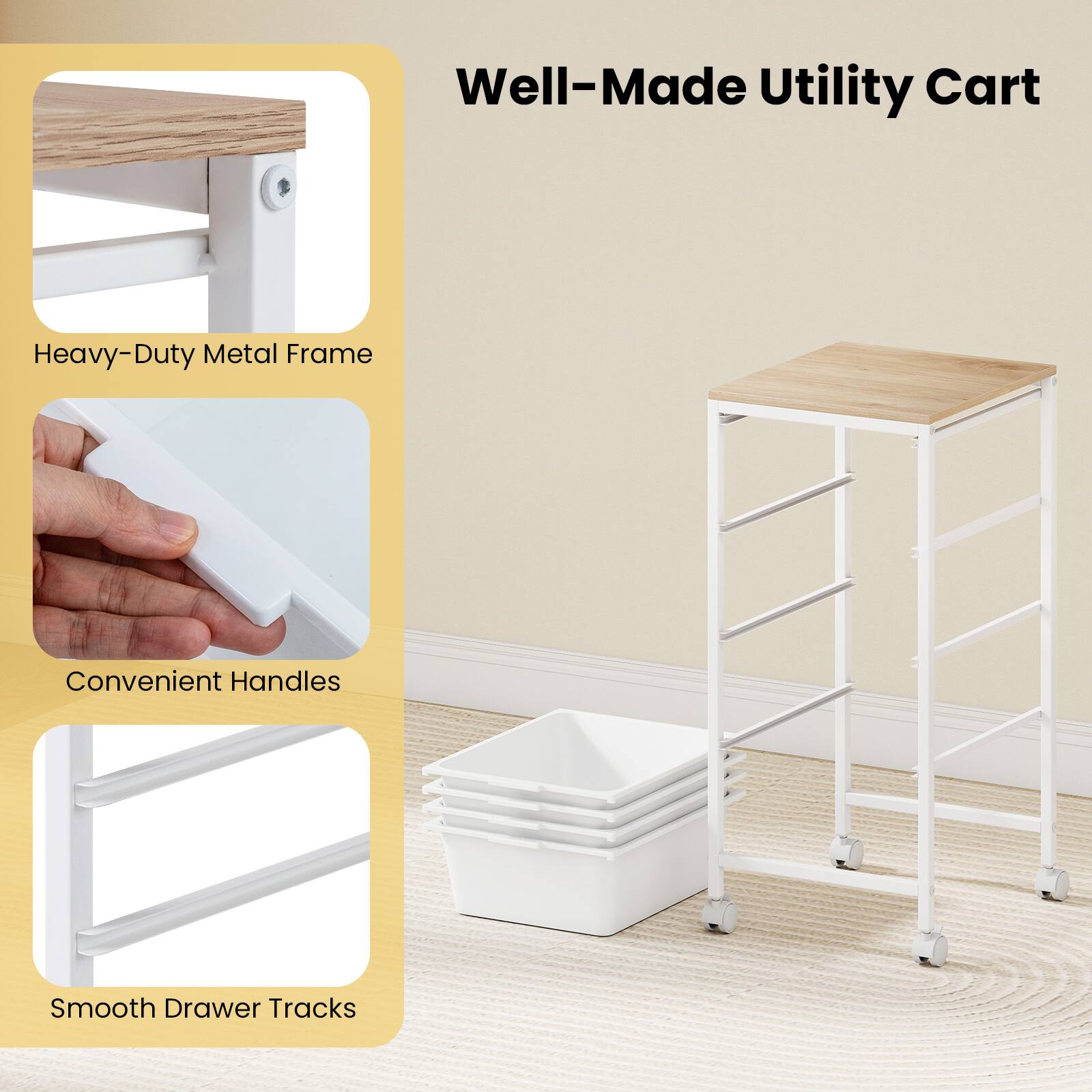 Well-Made Utility Cart

Heavy-Duty Metal Frame

Convenient Handles

Smooth Drawer Tracks