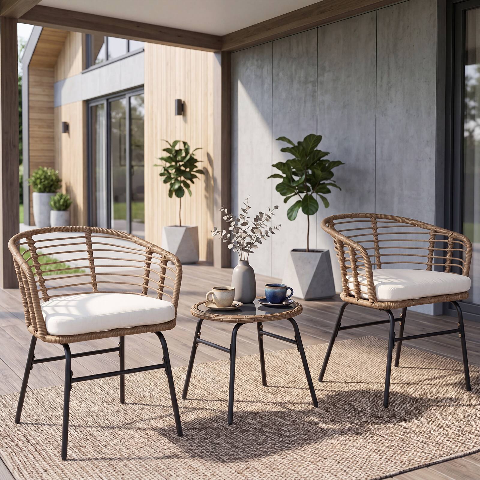 Alt View 3. Costway - Costway 3 Pieces Patio Furniture Set with Tempered Glass Coffee Table and Soft Cushions - Natural, Off White.