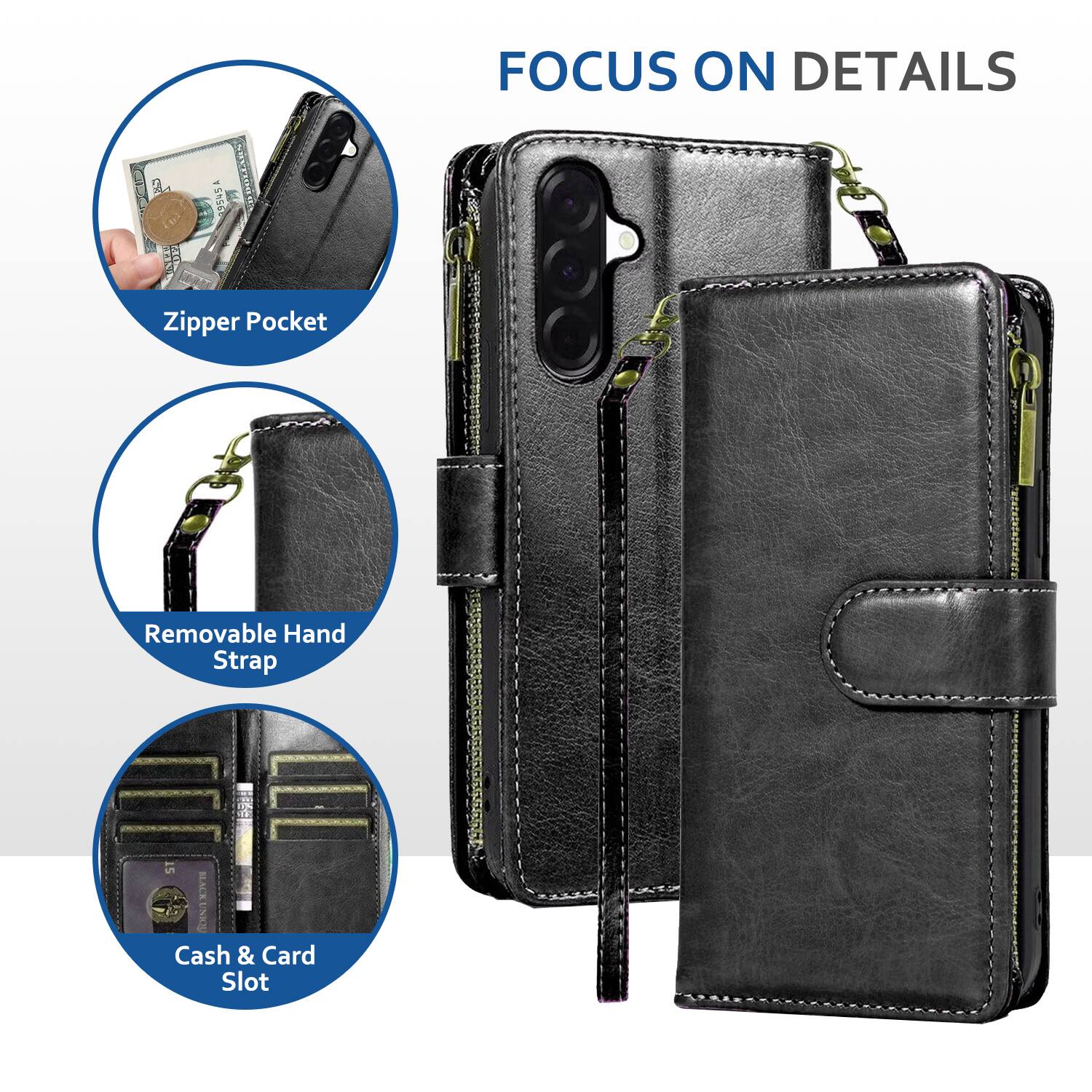 FOCUS ON DETAILS

- Zipper Pocket
- Removable Hand Strap
- Cash & Card Slot