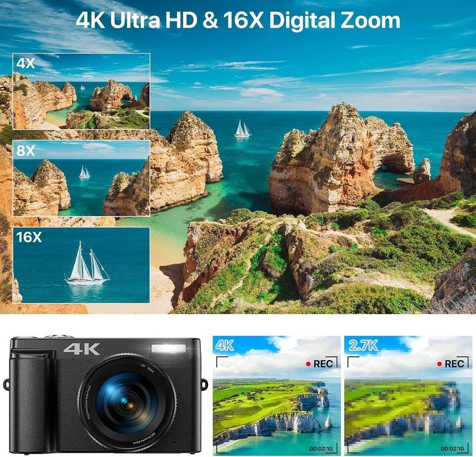 4K Ultra HD & 16X Digital Zoom

4X  
8X  
16X

4K  
2.7K

REC  
00:02:10  
REC  
00:02:10