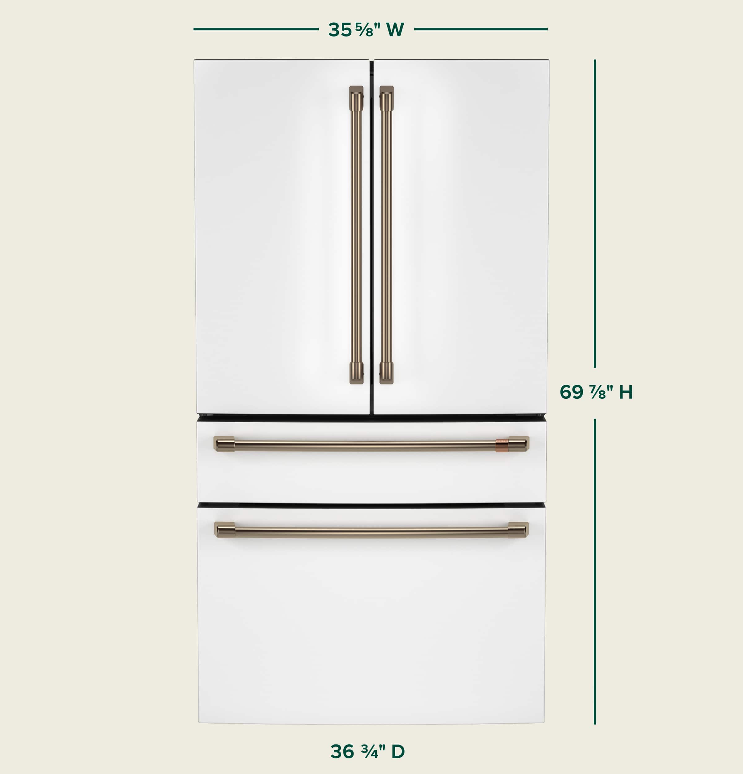 The text on the image reads: "35 55/8" W 69 7/8" H 7/8" H 36 3/4" D." This information is likely describing the dimensions of a refrigerator or a freezer. The measurements include the width, height, and depth of the appliance.