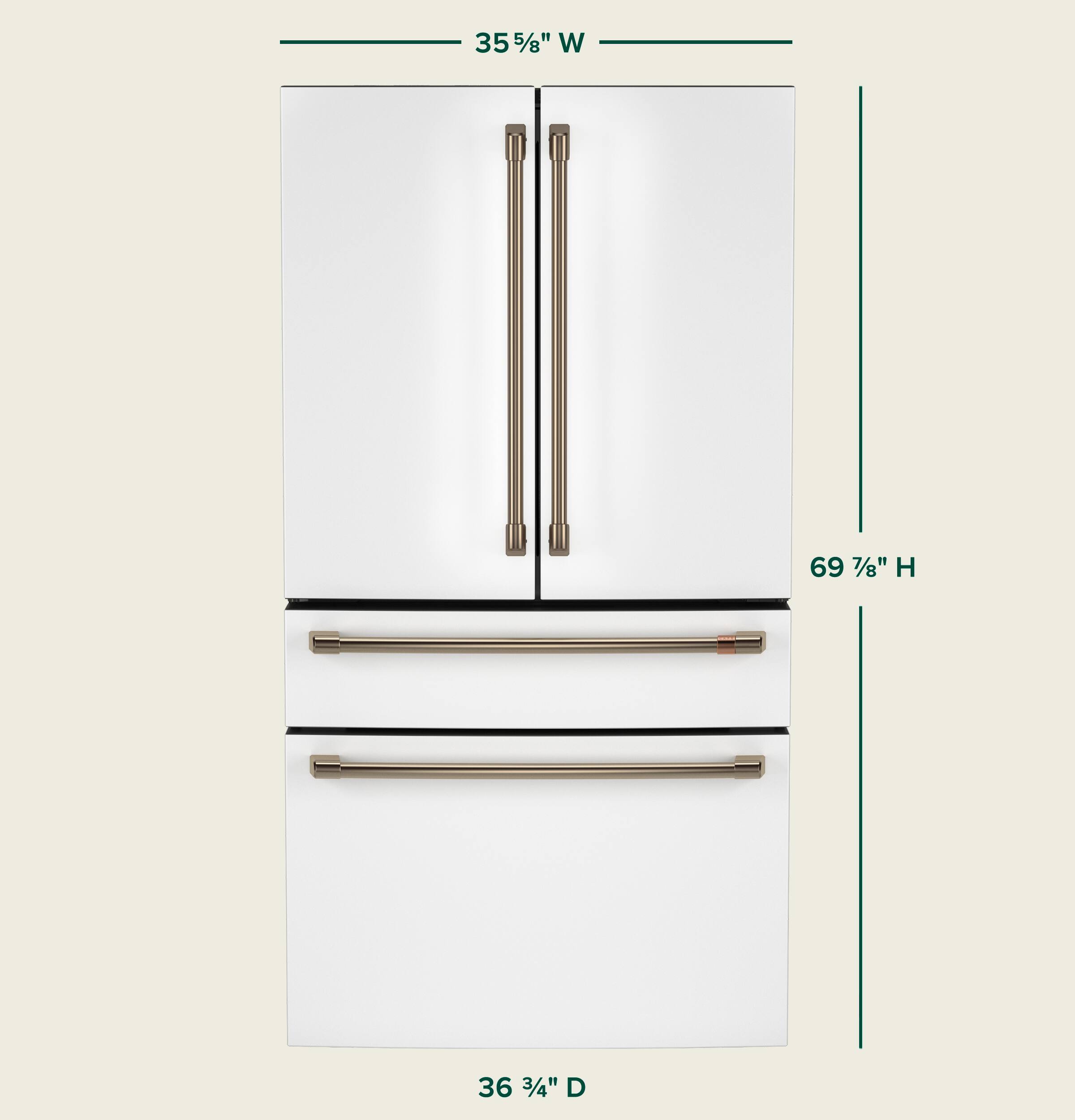 The text on the image reads: "35 55/8" W 69 7/8" H 7/8" H 36 3/4" D." This information is likely describing the dimensions of a refrigerator or a freezer. The measurements include the width, height, and depth of the appliance.