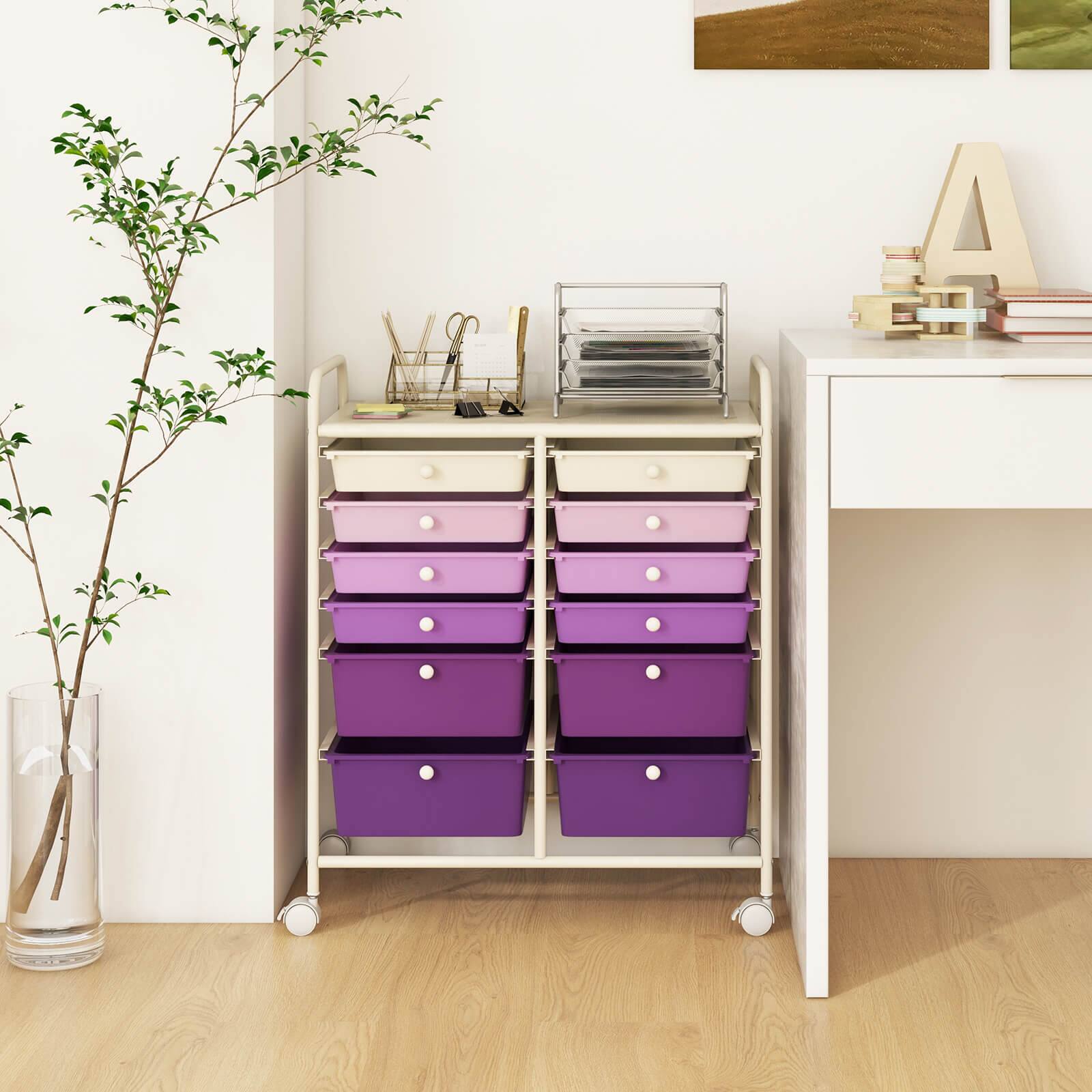 Alt View 1. Costway - Costway 12-Drawer Rolling Storage Cart Organizer Cart with 2 Sizes Plastic Drawers - Purple.