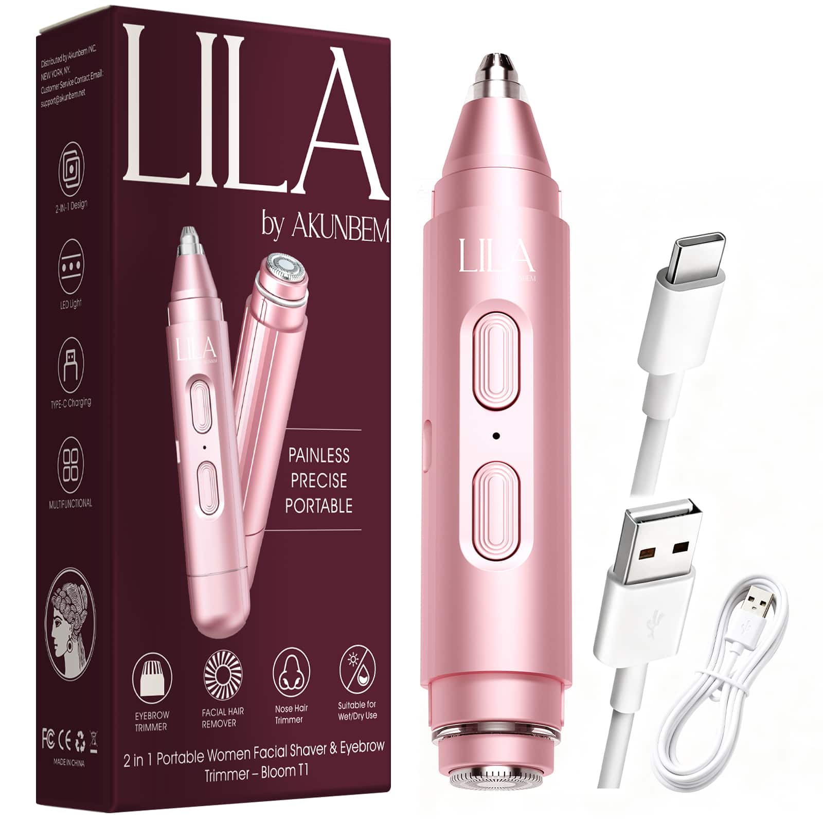 Lila - by AKUNBEM Bloom T1 2 in 1 Portable Women Facial Shaver & Eyebrow Trimmer – Bloom T1 - Pink