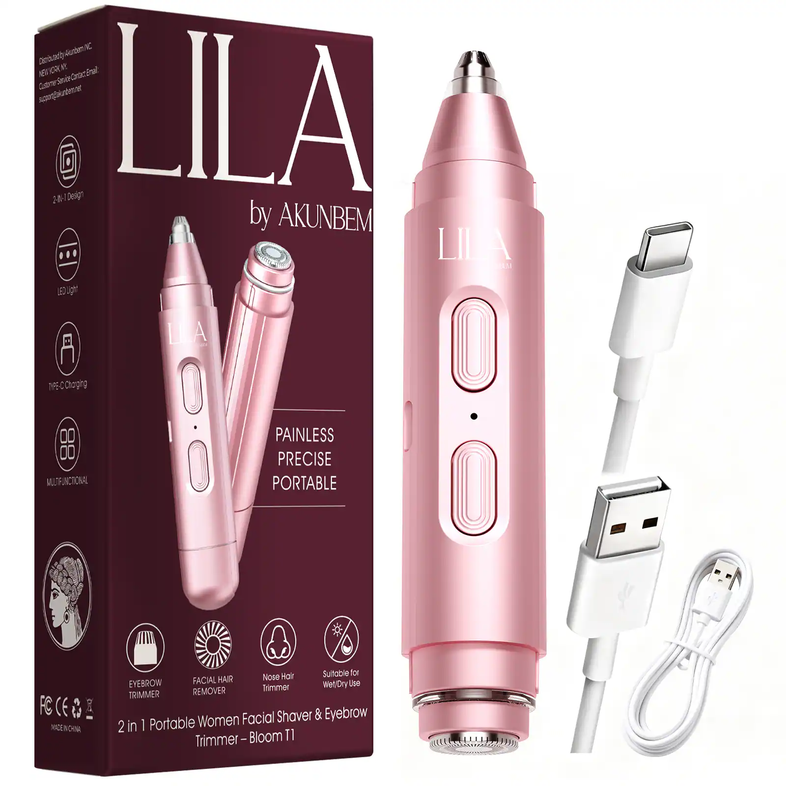 LILA by AKUNBEM

Painless Precise Portable

2 in 1 Portable Women Facial Shaver & Eyebrow Trimmer - Bloom T1

- 2 in 1 Design
- LED Light
- USB Charging
- Multifunctional
- Eyebrow Trimmer
- Facial Hair Remover
- Nose Hair Trimmer
- Suitable for Wet/Dry Use

Made in China

CE, FCC, RoHS

Support: support@lilabem.com