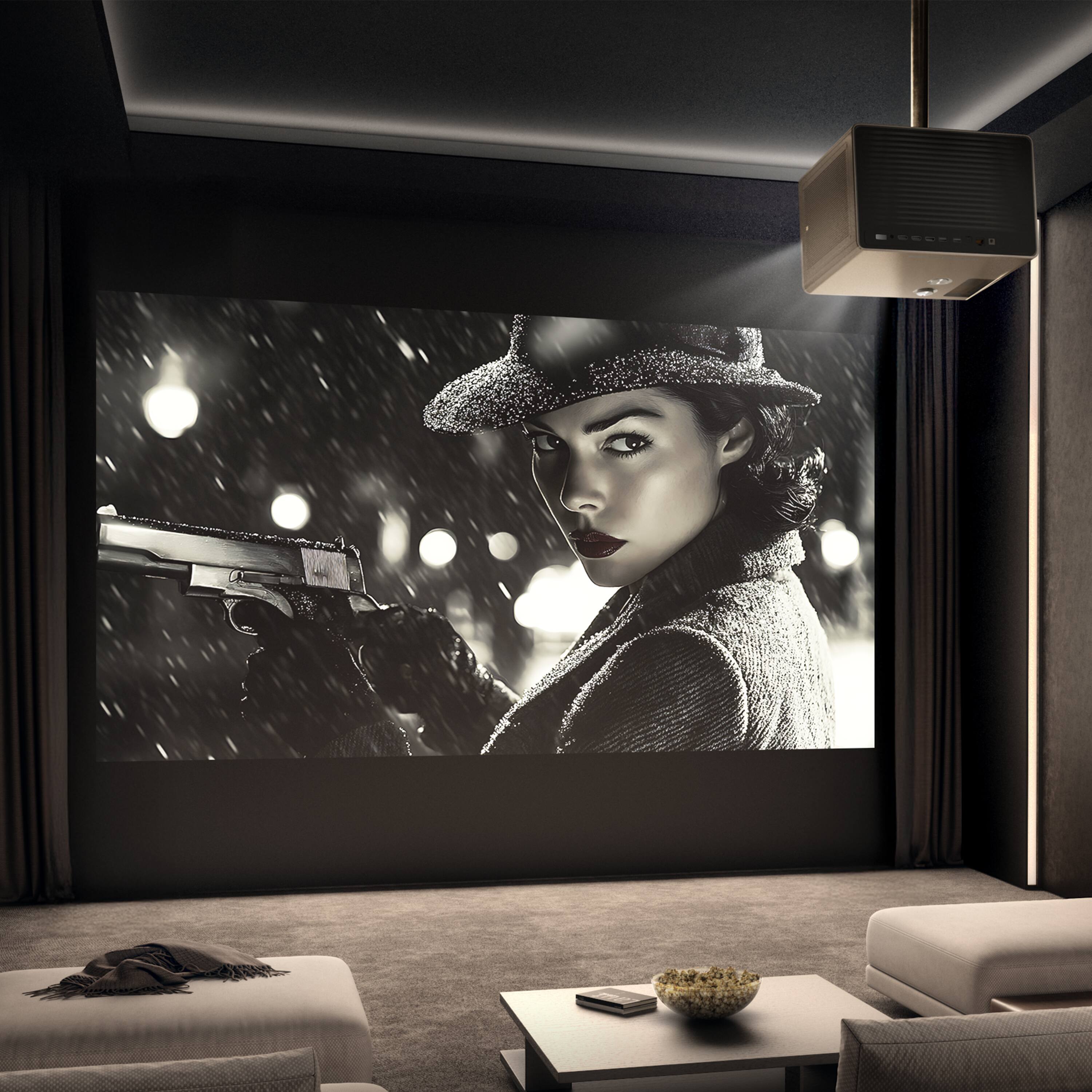 Left. Hisense - Hisense - XR10 Triple Laser 4K DLP Projector, 6000 ANSI Lumens, 6000:1 Contrast Ratio, IRIS Lens, 118% BT.2020 - Black - Dark brown.
