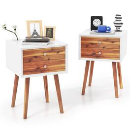 Gymax - 2PCS Wooden Nightstand Mid-Century End Side Table W/2 Storage Drawers Brown - White & Brown