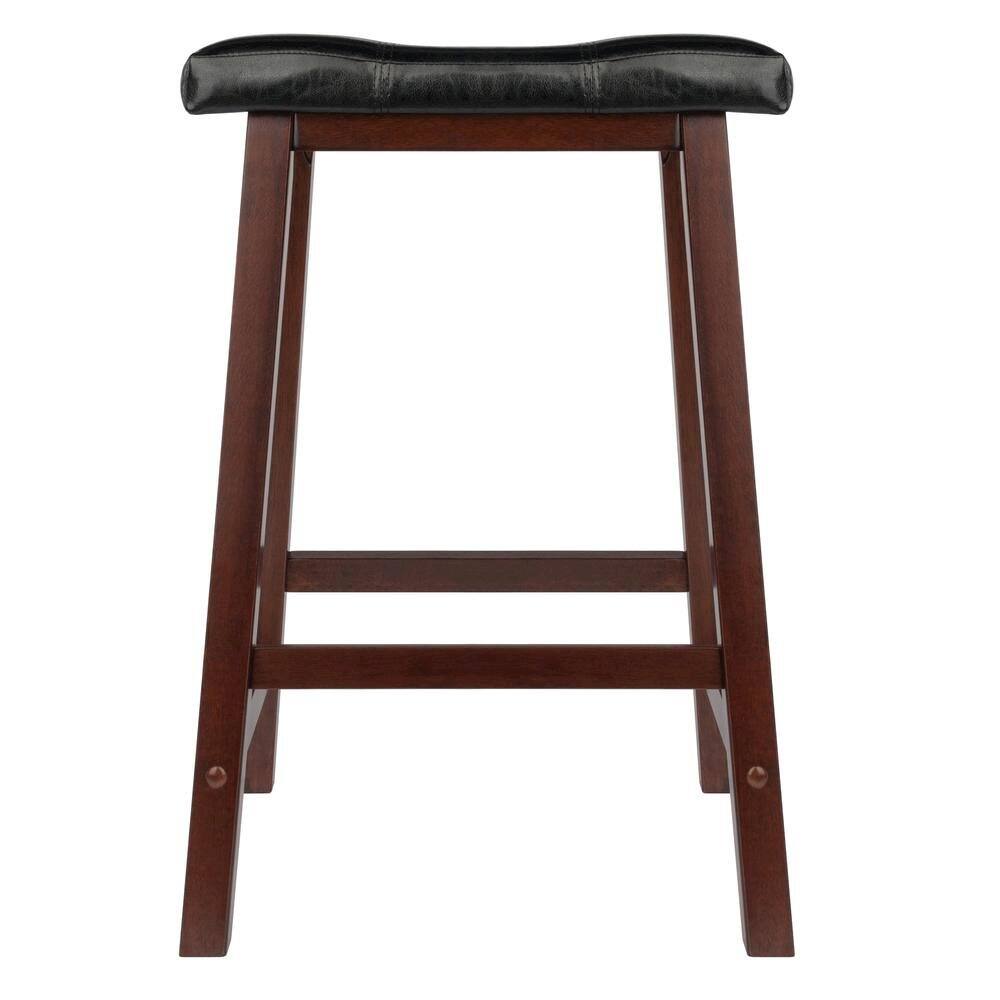 Alt View 3. FurniFact - Black Faux Leather Saddle Seat Bar Stool, 24 Inch Counter Height Kitchen Stool - Walnut / Black.