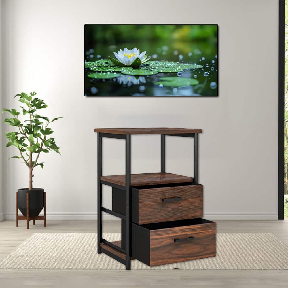 Hivvago - Classic Retro Bedside Table with Fabric Storage Drawers and Open Shelf - Walnut