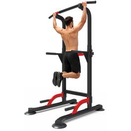 Ainfox - Pull Up Bar Dip Bar Power Tower Workout Dip Station Height Adjustable Free Standing 300LBS Weight Capacity - Red