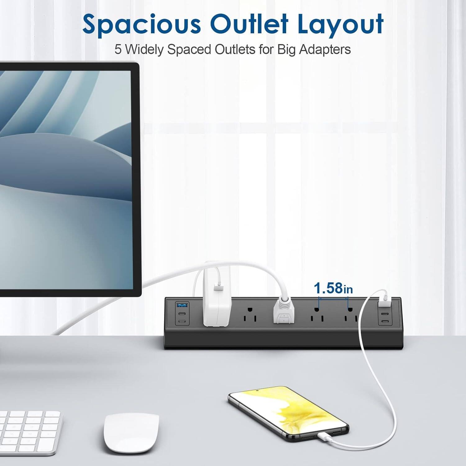 Spacious Outlet Layout  
5 Widely Spaced Outlets for Big Adapters  
1.58in
