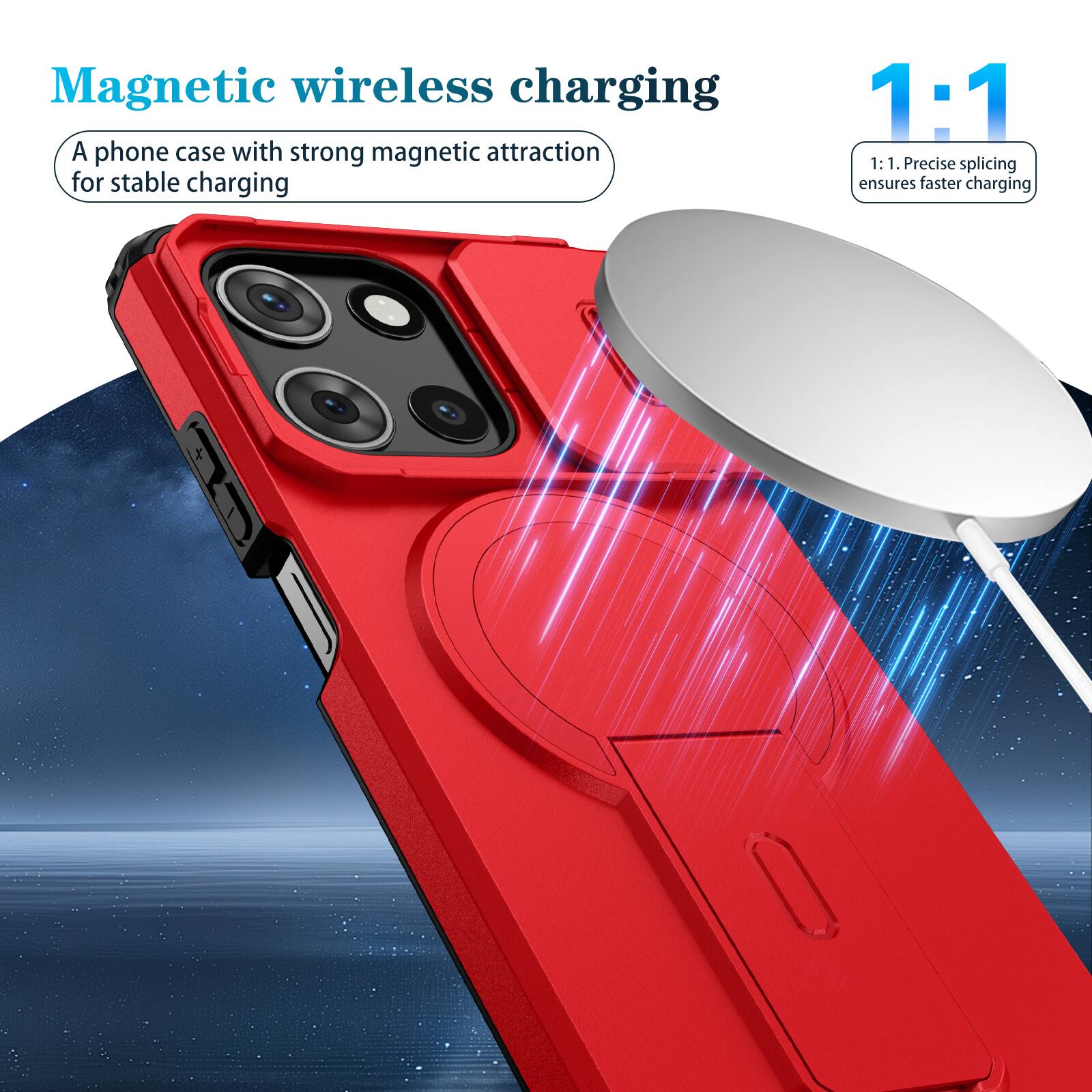 Magnetic wireless charging

A phone case with strong magnetic attraction for stable charging

1:1

1:1. Precise splicing ensures faster charging