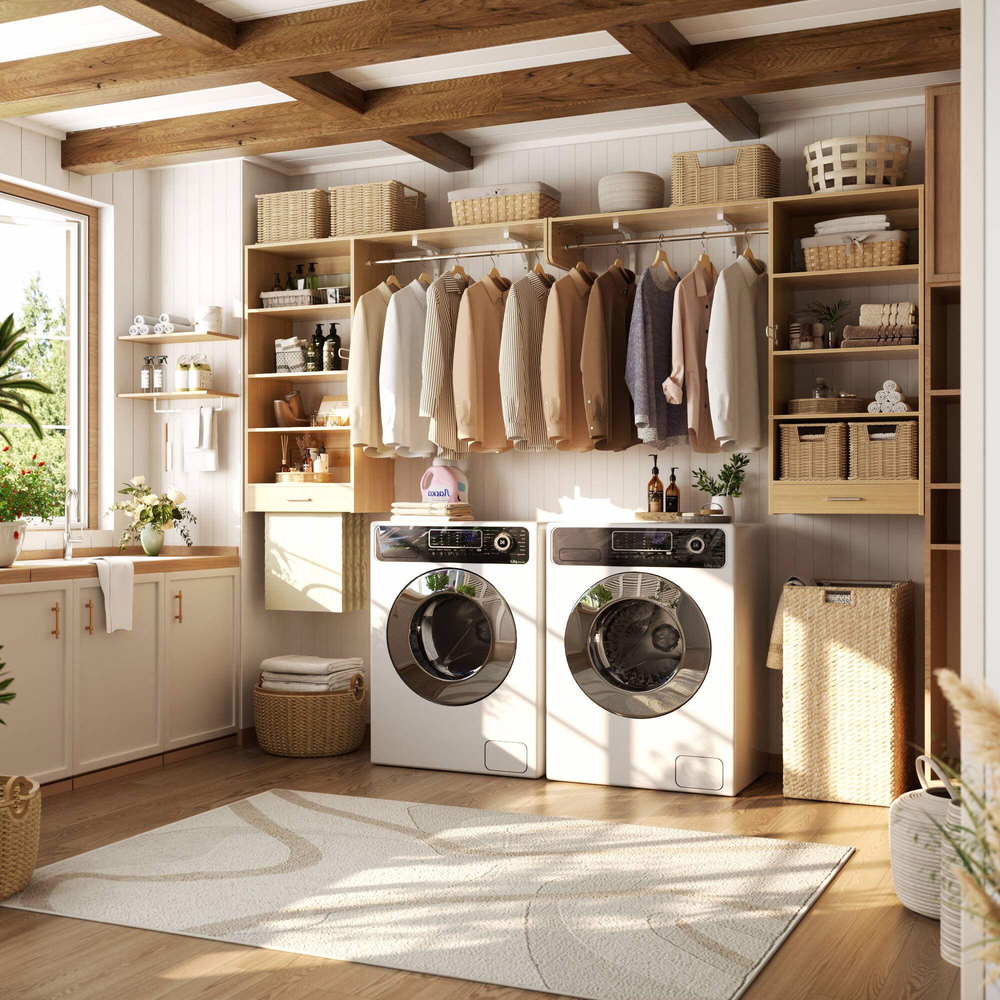 Back. Aheaplus - 5FT Reversible Wall Laundry Organizer Cabinet with Hanging Rod and Open Storage Shelves - Nature.