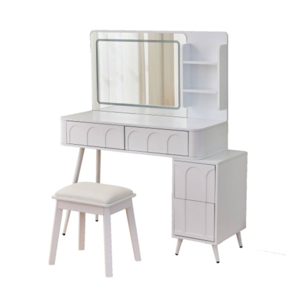 Alt View 5. LUCKY ONE - Modern Vanity Desk with 3-Color LED Mirror, 4 Drawers, Adjustable Side Cabinet and Stool for Bedroom - White.