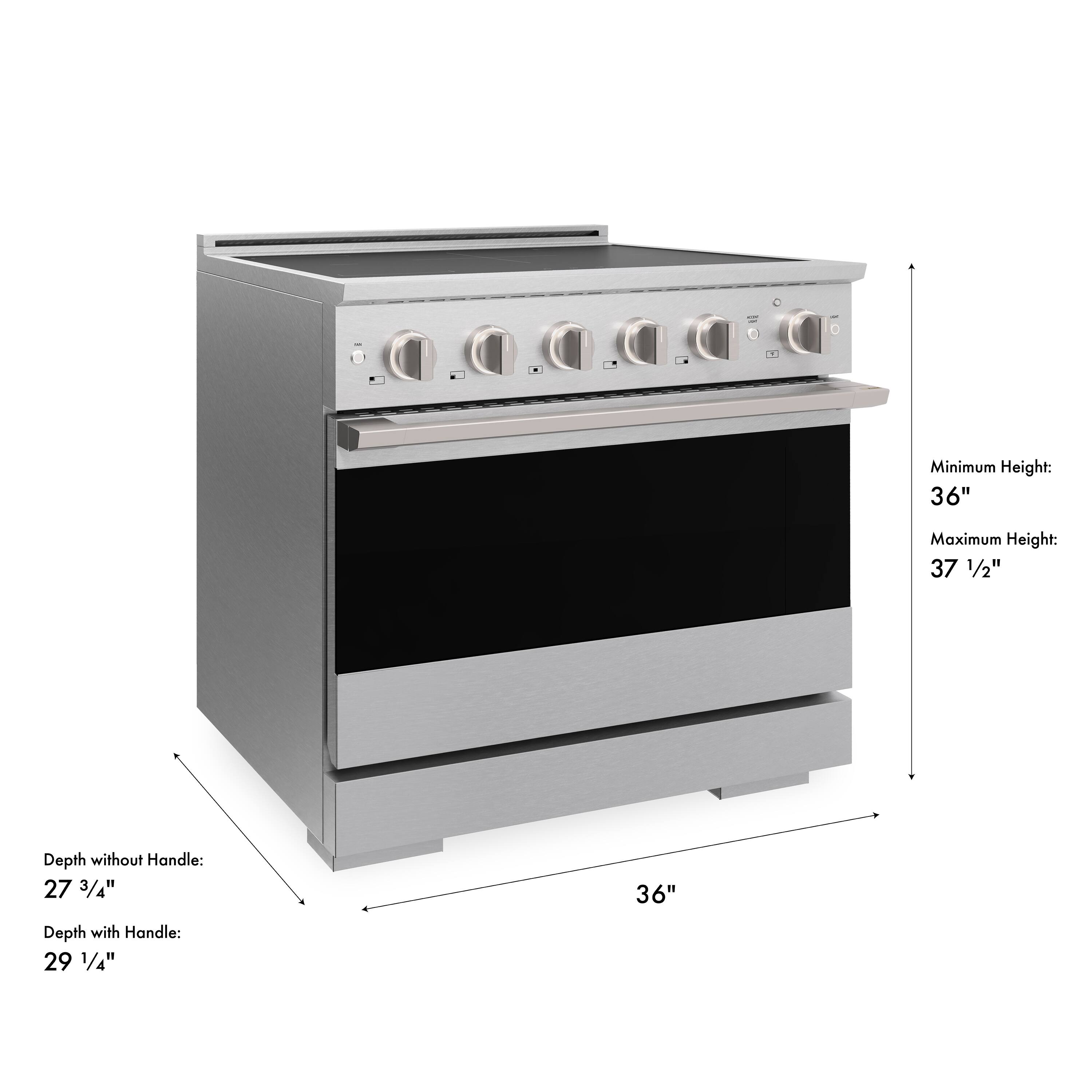 Minimum Height: 36"  
Maximum Height: 37 1/2"  
Depth without Handle: 27 3/4"  
Depth with Handle: 29 1/4"