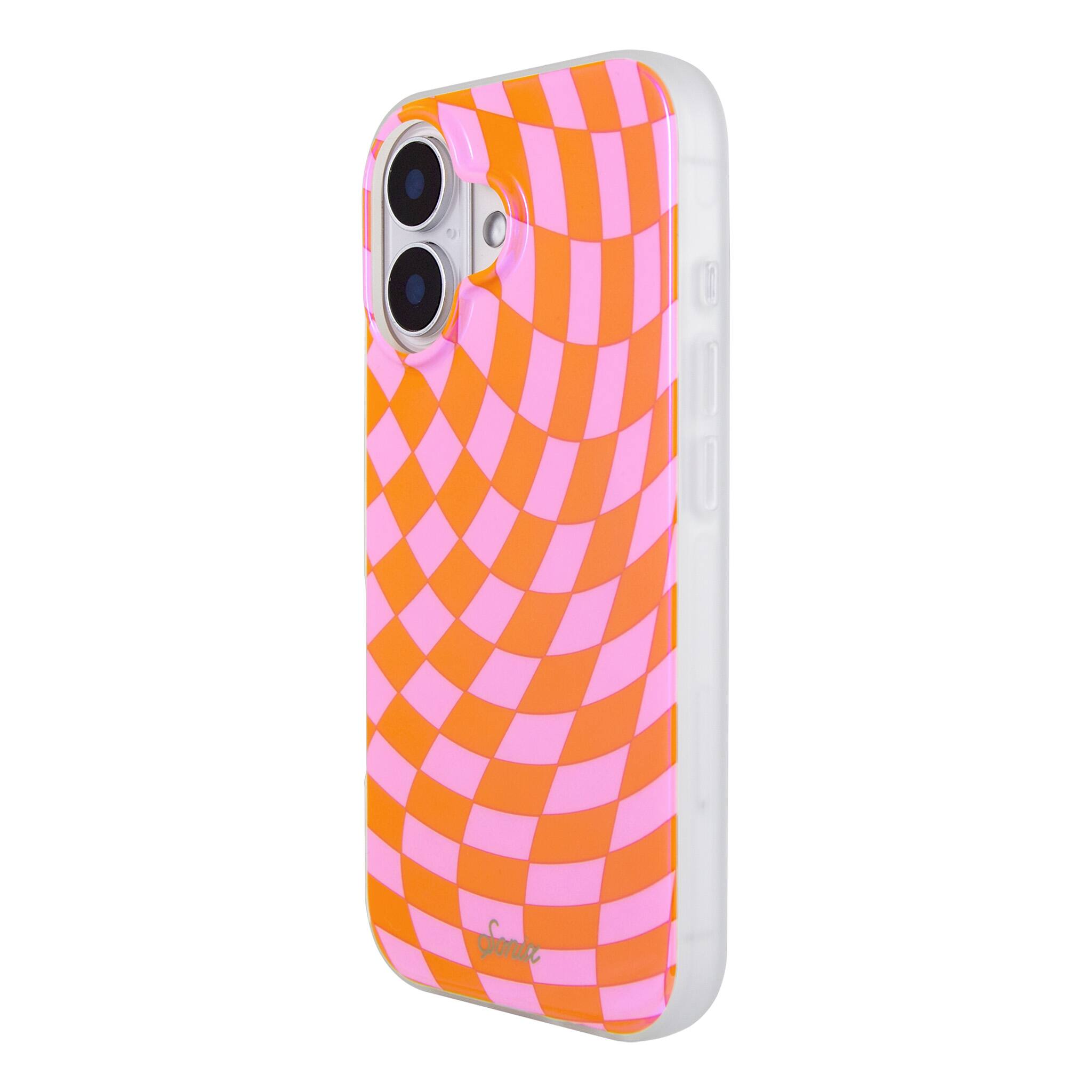 Left. Sonix - iPhone 17 Case Checkmate Pink & Orange - Pink.