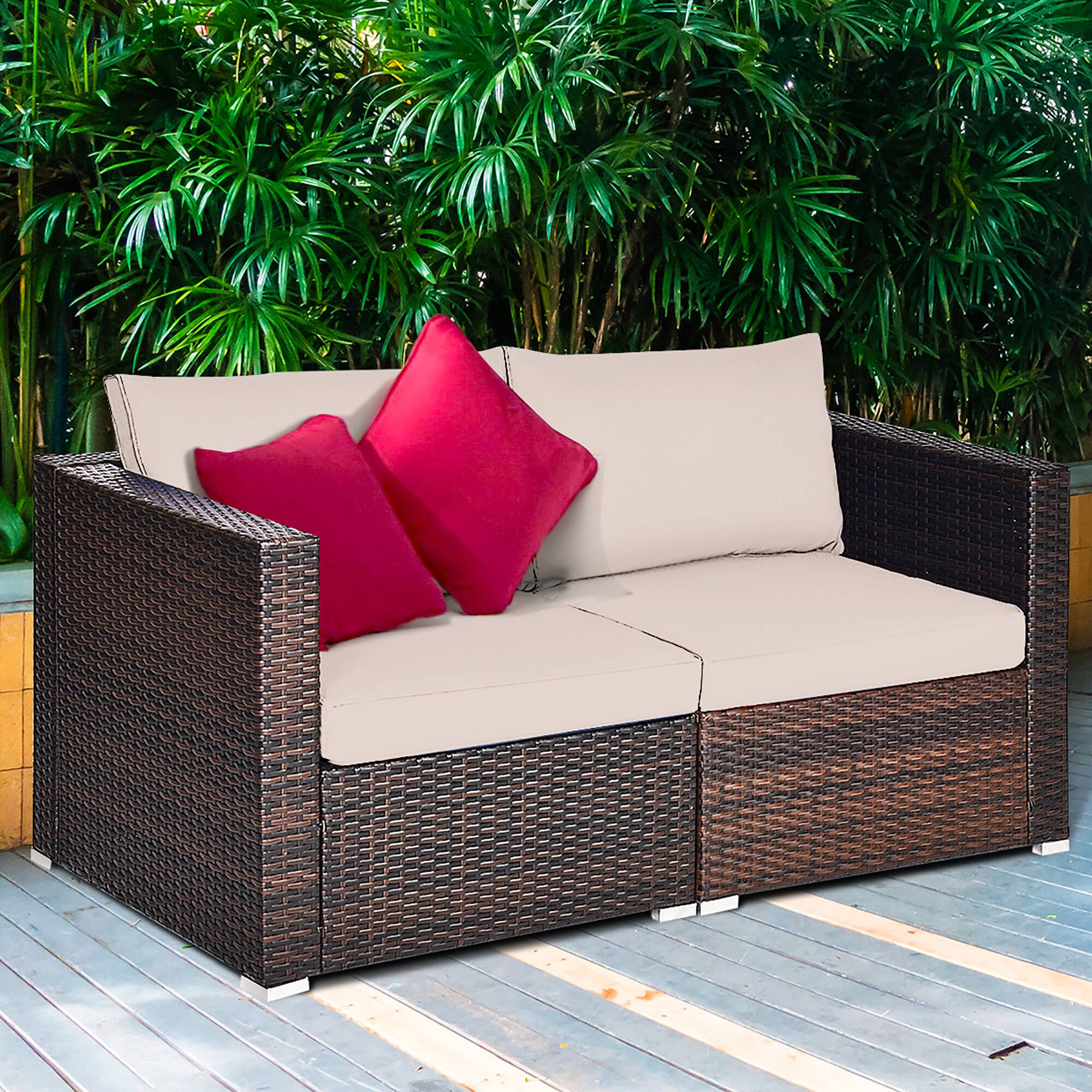Alt View 3. Costway - Costway 2PCS Patio Rattan Corner Sofa Sectional Furniture Beige Cushion - Brown, Beige.