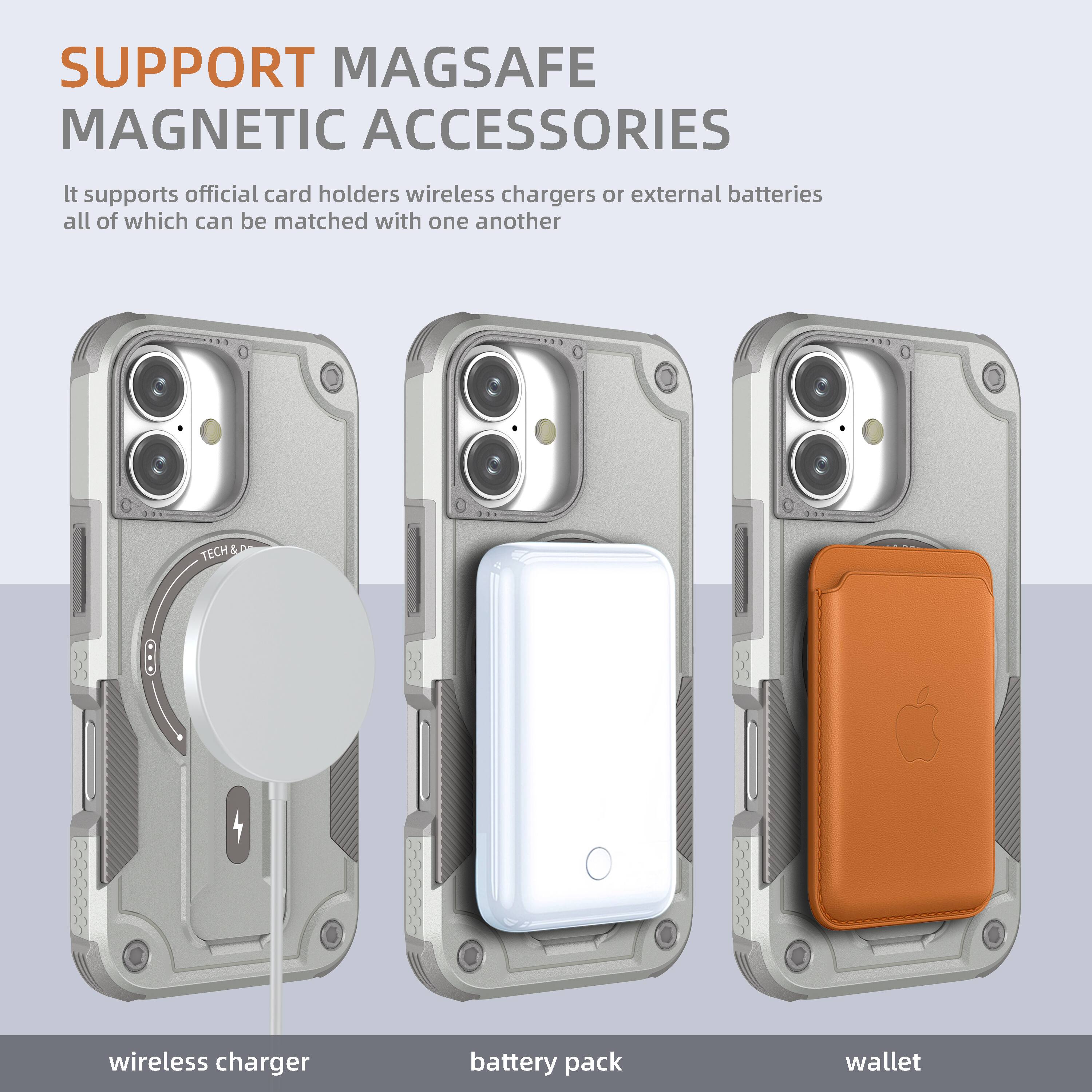 SUPPORT MAGSAFE MAGNETIC ACCESSORIES

It supports official card holders, wireless chargers, or external batteries, all of which can be matched with one another.

wireless charger  
battery pack  
wallet