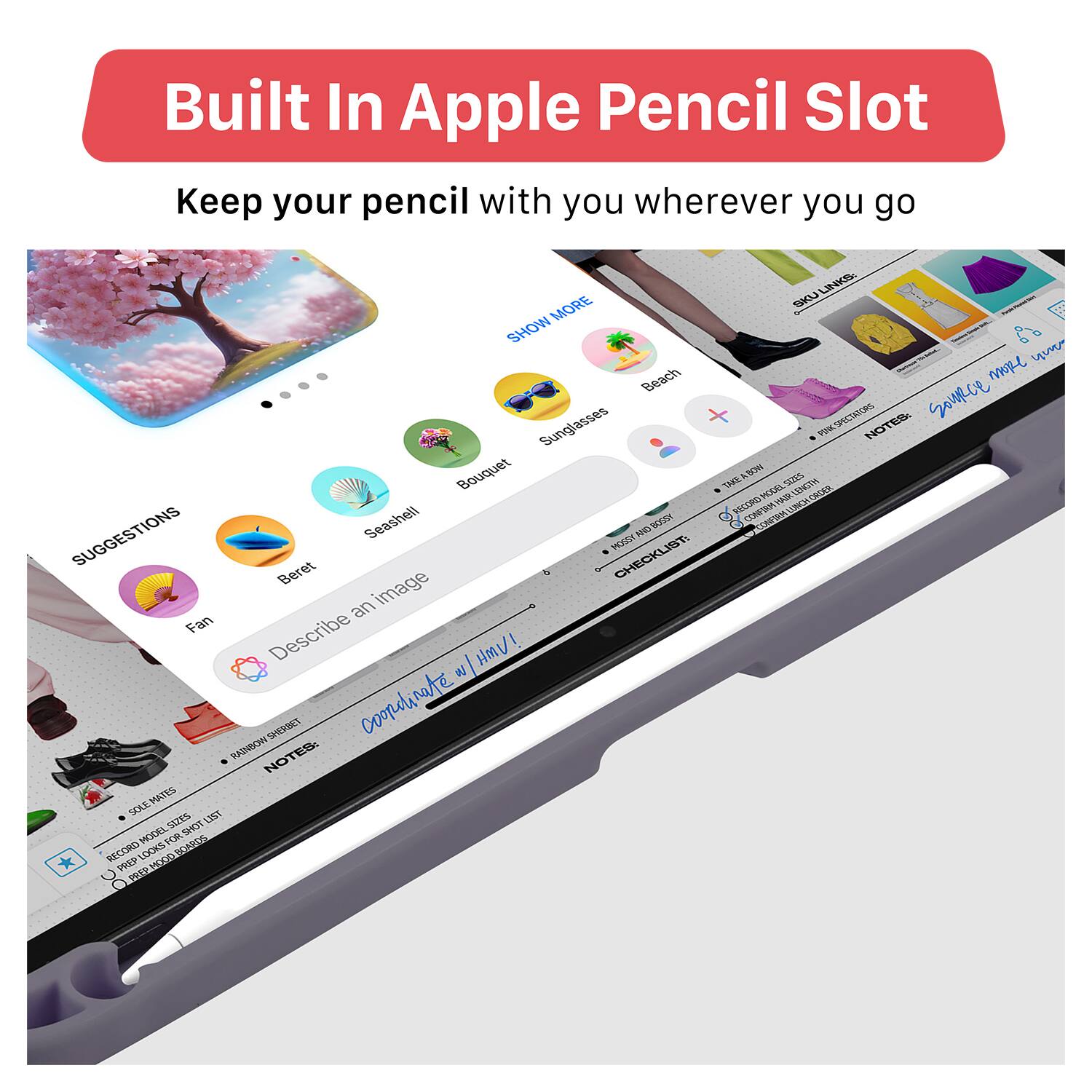 Built In Apple Pencil Slot  
Keep your pencil with you wherever you go  

Suggestions:  
- Seashell  
- Bouquet  
- Fan  
- Beret  
- Beach  
- Sunglasses  

Describe an image  
Coordinate with HMV!  

Checklist:  
- Ski Luggage  
- Rainbow Secret  
- Red Shoe Model 3355  
- Red Shoe Model 3355  

Notes:  
- Smile more often  
- Coordinate with HMV!