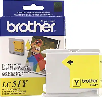 **KEEP OUT OF REACH OF CHILDREN**
**TENIR HORS DE LA PORTE DES ENFANTS**
**At your side.**
**FOR USE WITH**
**POUR UTILISER AVEC**
**PARA USARSE CON**
DCP-130C / 330C / 540CN
MFC-240C / 440CN
**LC51Y**
**INK CARTRIDGE**
**CARTOUCHE D'ENCRE**
**CARTUCHO DE TINTA**
**brother**
**LC51Y**