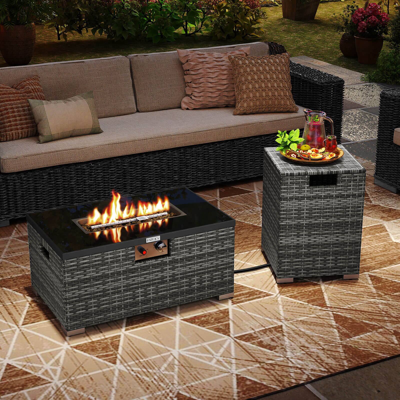 Alt View 1. Costway - Costway 2 PCS Outdoor Rattan Fire Table Set with Tank Cover Tempered Glass Tabletop - Gray.