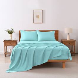 MarCielo - 3/4 Pcs Soft Solid & Embroidery Bed Sheets Set - Aqua Blue