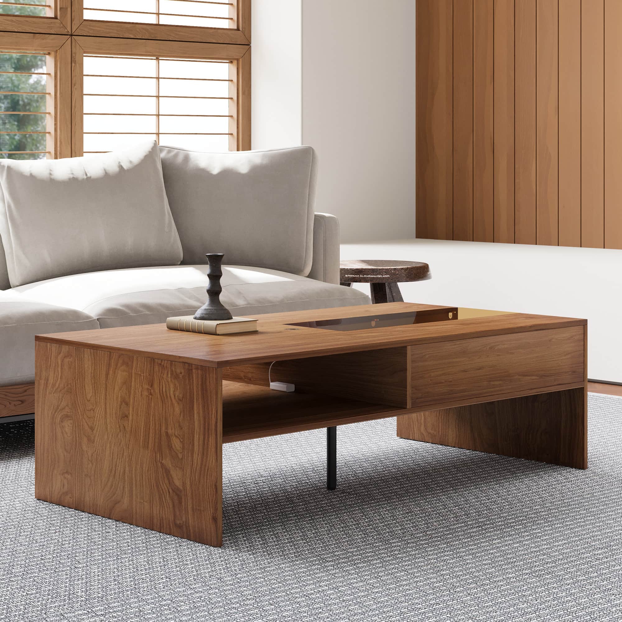 luck idea - 51.1" Rectangular Coffee Table with LED Ambient Lights and Two Dust-Proof Storage Compartments - Walnut Color