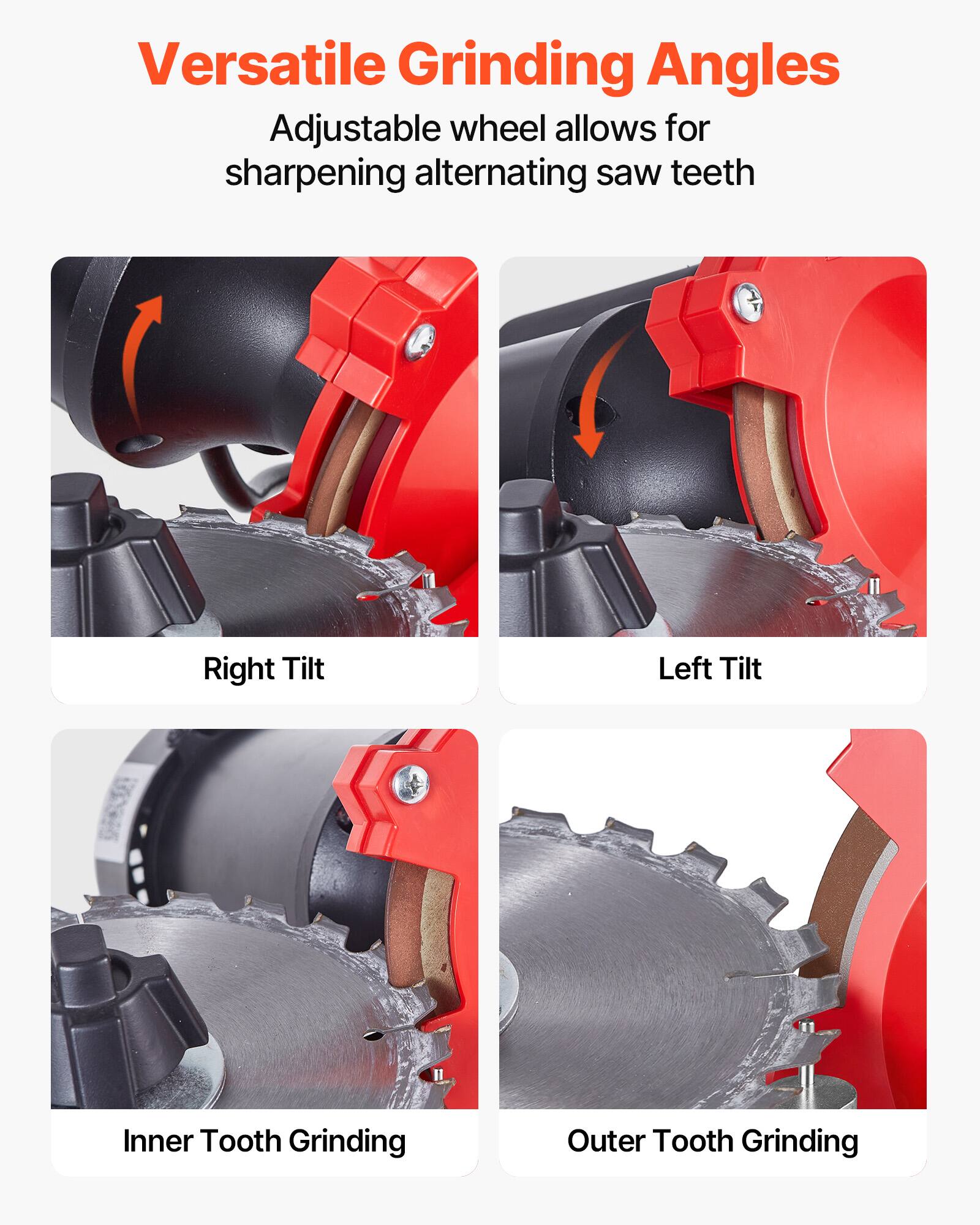 Versatile Grinding Angles

Adjustable wheel allows for sharpening alternating saw teeth

- Right Tilt
- Left Tilt
- Inner Tooth Grinding
- Outer Tooth Grinding