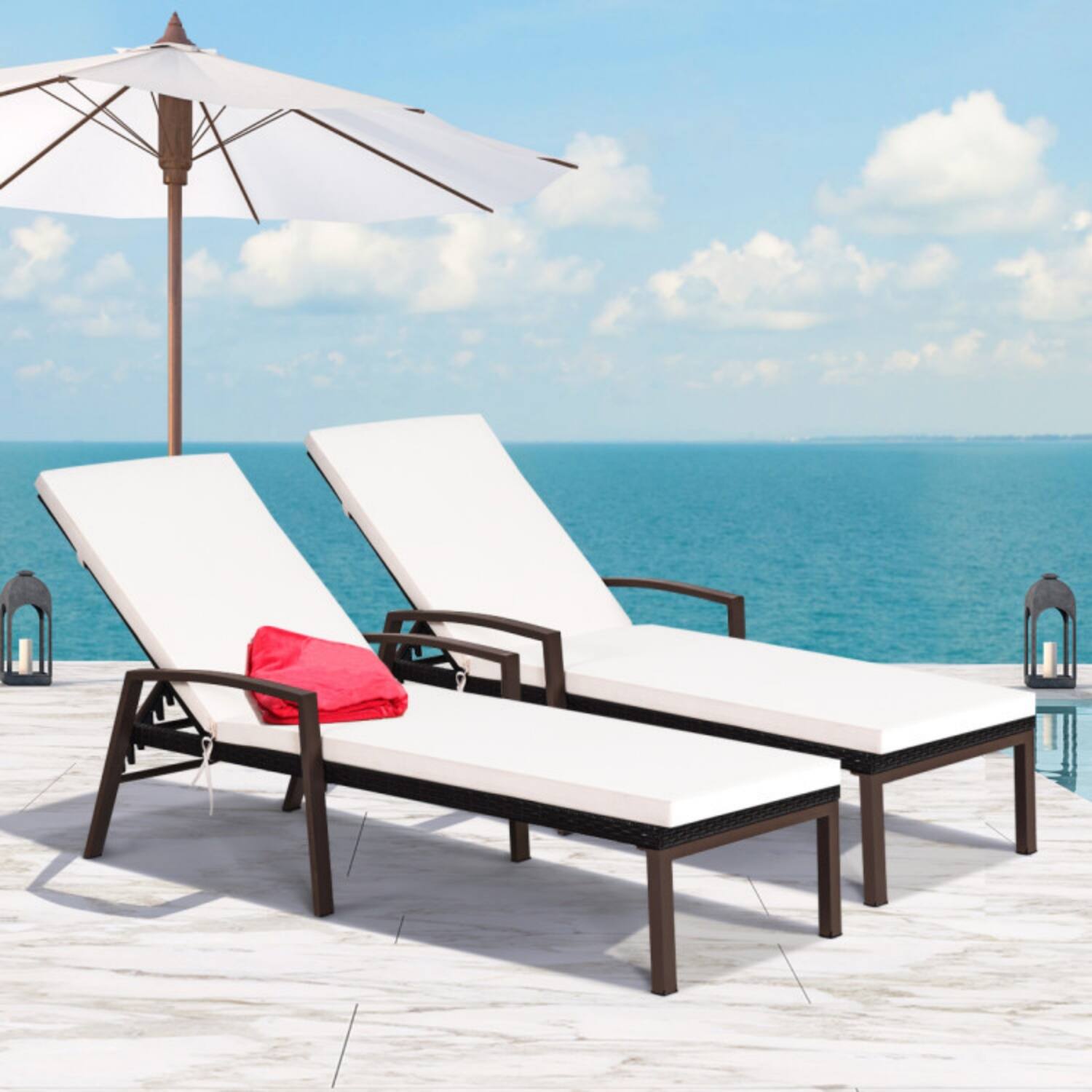 Alt View 2. Mondawe - 2 Pack Patio Rattan Reclining Chaise Lounge Chair w 5-Position Backrest & Cushion 400 lbs - Turquoise & White.