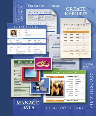 Sure, here is the corrected and grouped text from the image:

---

**INSURANCE FORMS**

- **INSURANCE CLAIM**
- **CLIENT PROFILE**
  - Company Name / Title
  - Personal Information
- **PAYMENT HISTORY**
- **CREATE REPORTS**

**EMPLOYEE RECORDS**

**ESTATE PLANNING**

**LIVING WILL**

**HOME INVENTORY**

- **ACOUSTIC GUITAR**
- **ELECTRIC GUITAR**

**MANAGE DATA**

**VIEW HISTORY**

---

This text is organized based on the sections and labels visible in the image.