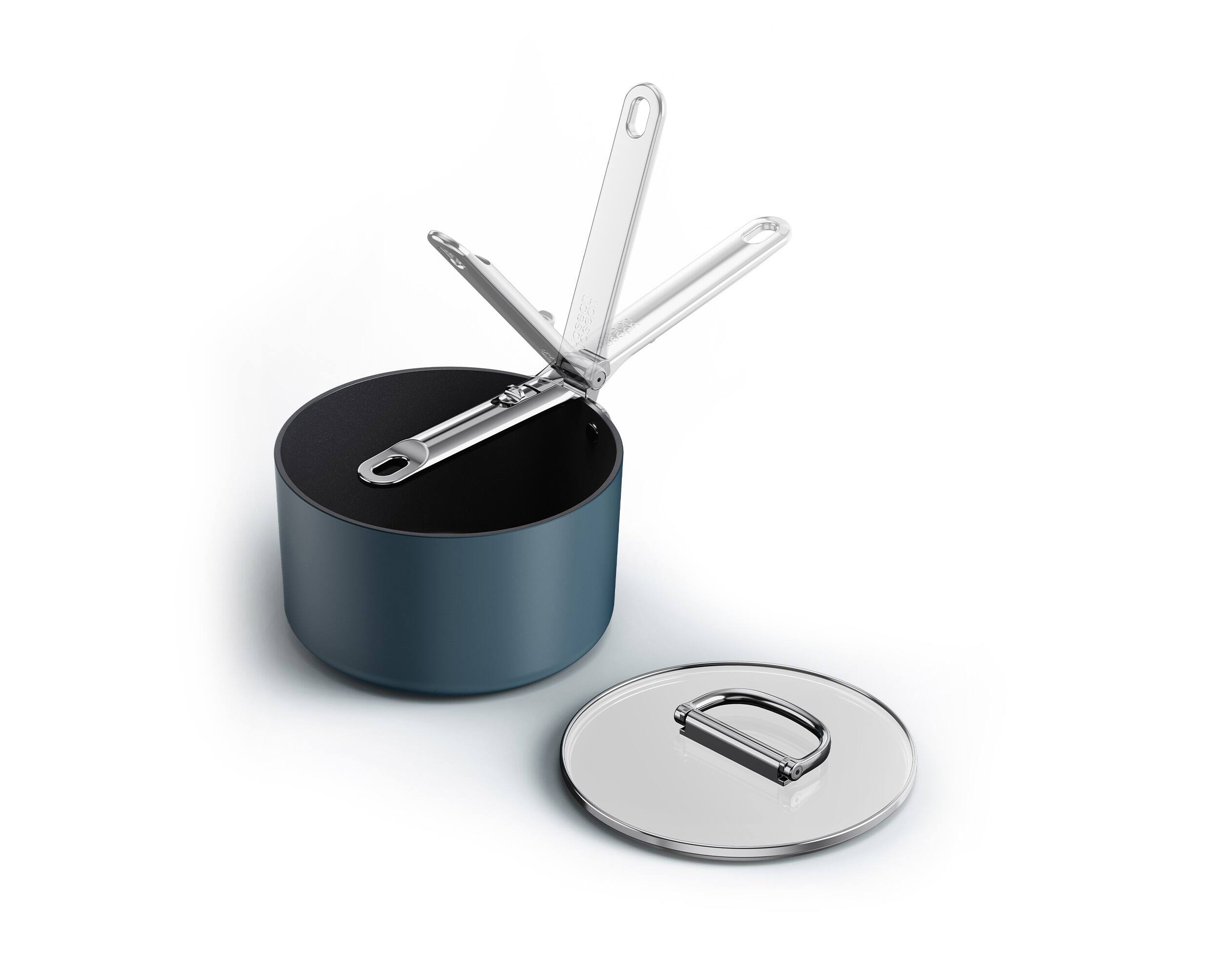 Front. Joseph Joseph - Space Ceramic Non-stick 2.9 Qt. Saucepan with Folding Handle and Lid - Blue.