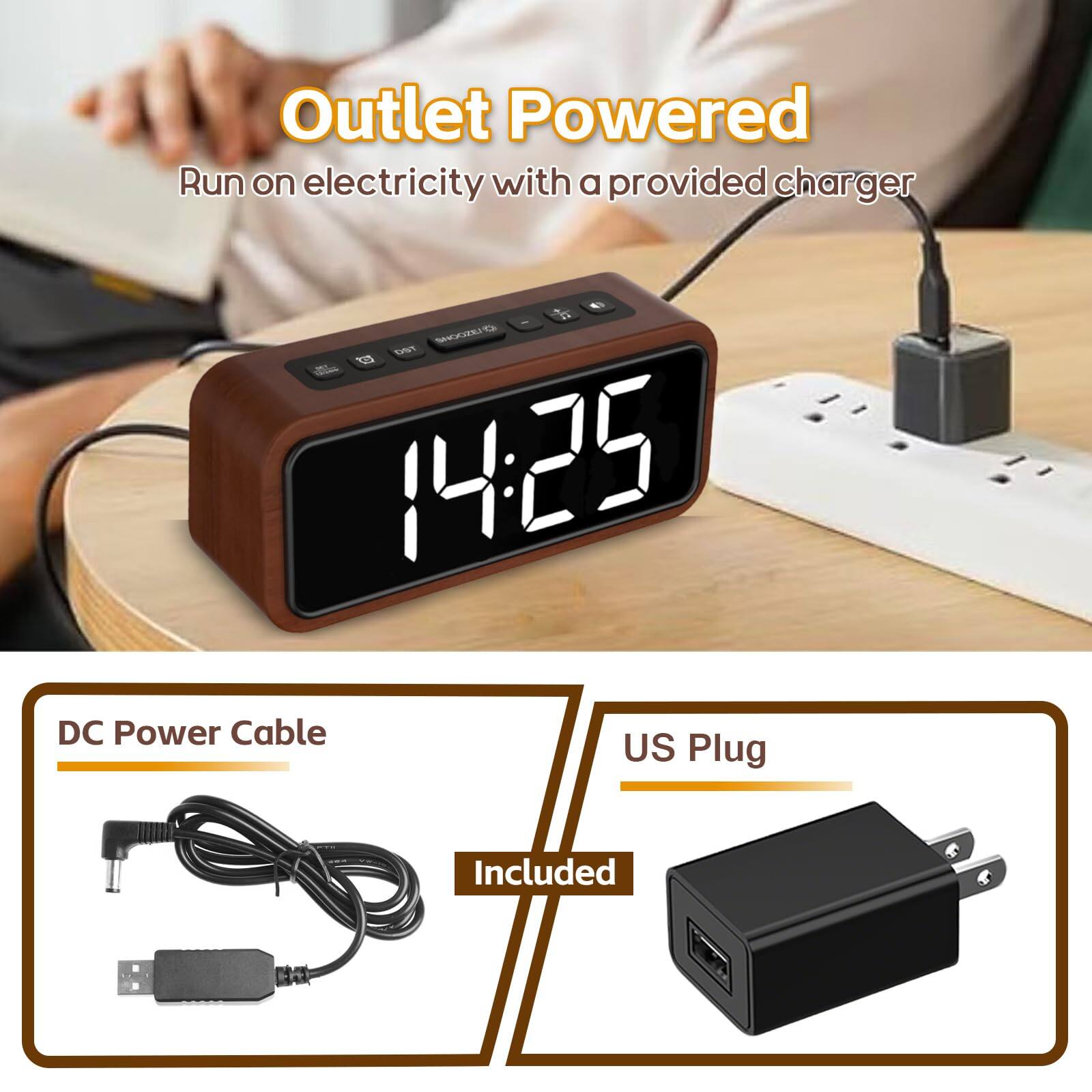 Back. Dazzed Corner - Wooden Alarm Clock,Digital Plug-in Clock - Wood.