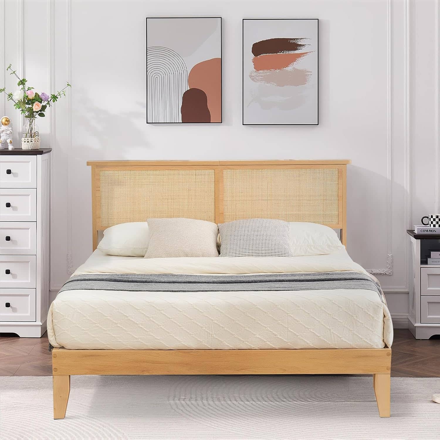 GARVEE - Rattan Bed Frame - Bohemian Style with Natural Headboard and LED Lights, No Box Spring Needed - Twin