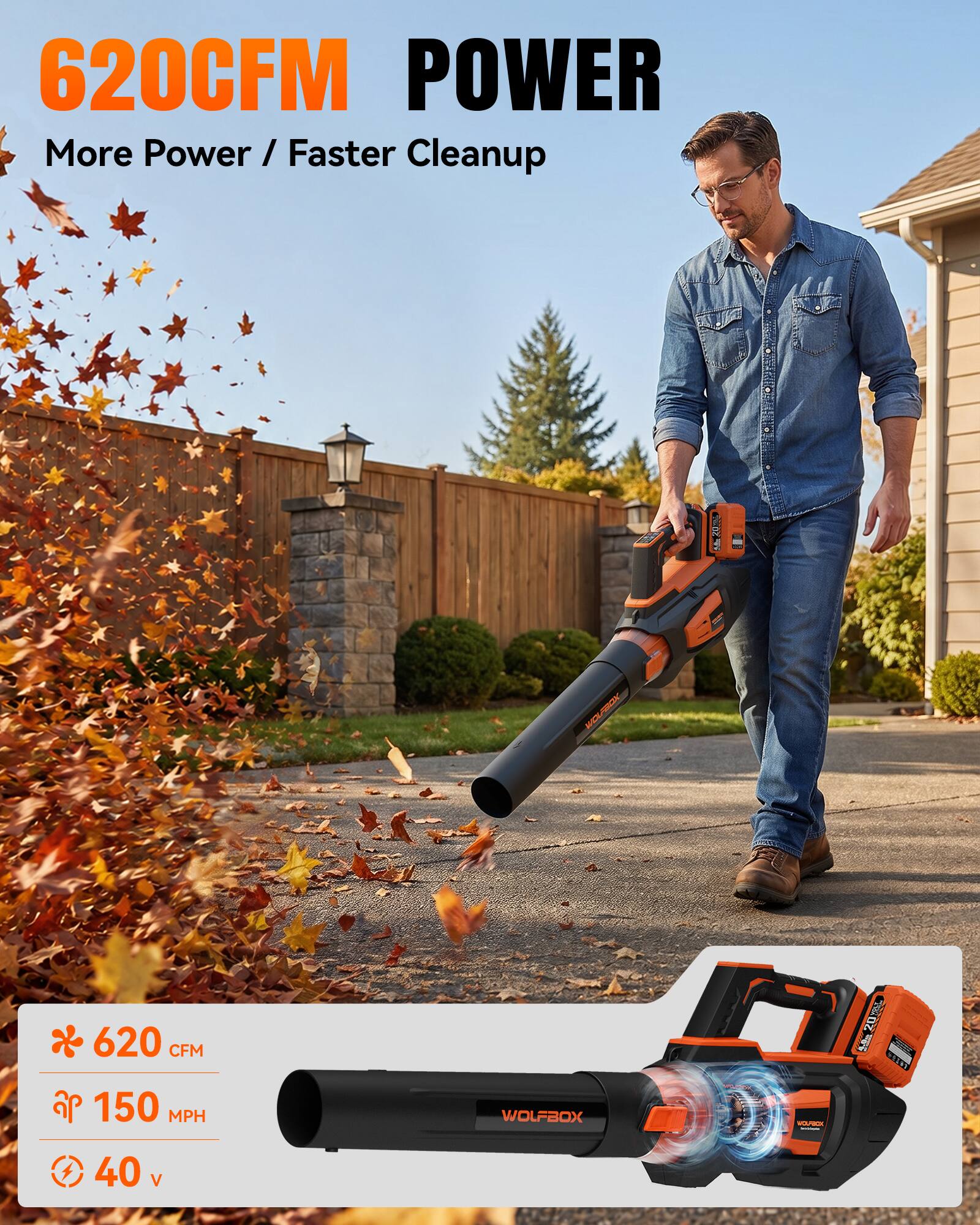 620 CFM POWER  
More Power / Faster Cleanup  

620 CFM  
150 MPH  
40 V