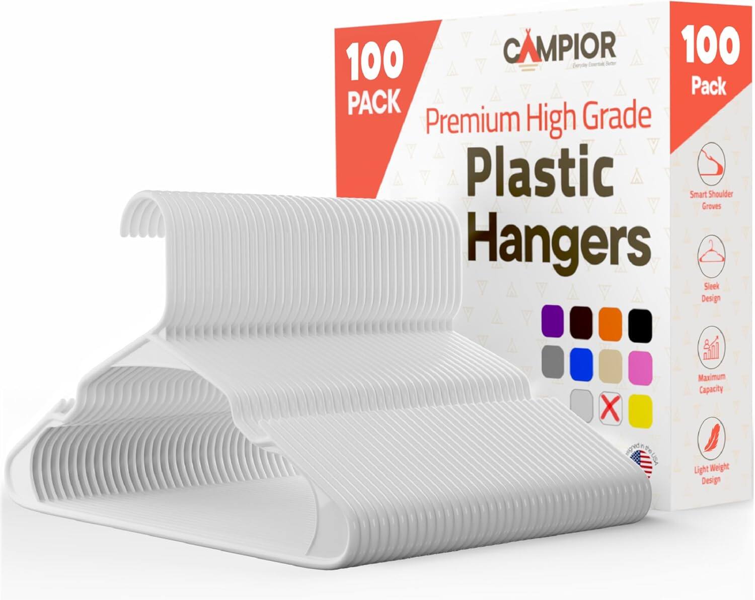 100 Pack CAMPIOR Premium High Grade Plastic Hangers Smart Shoulder Groves Sleek Design Maximum Capacity Light Weight Design