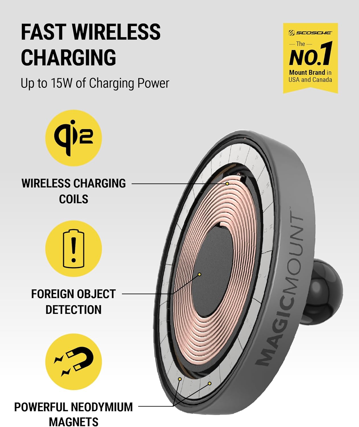 FAST WIRELESS CHARGING  
Up to 15W of Charging Power  

WIRELESS CHARGING COILS  

FOREIGN OBJECT DETECTION  

POWERFUL NEODYMIUM MAGNETS  

SCOSCHE  
The No.1 Mount Brand in USA and Canada  

MAGICMOUNT