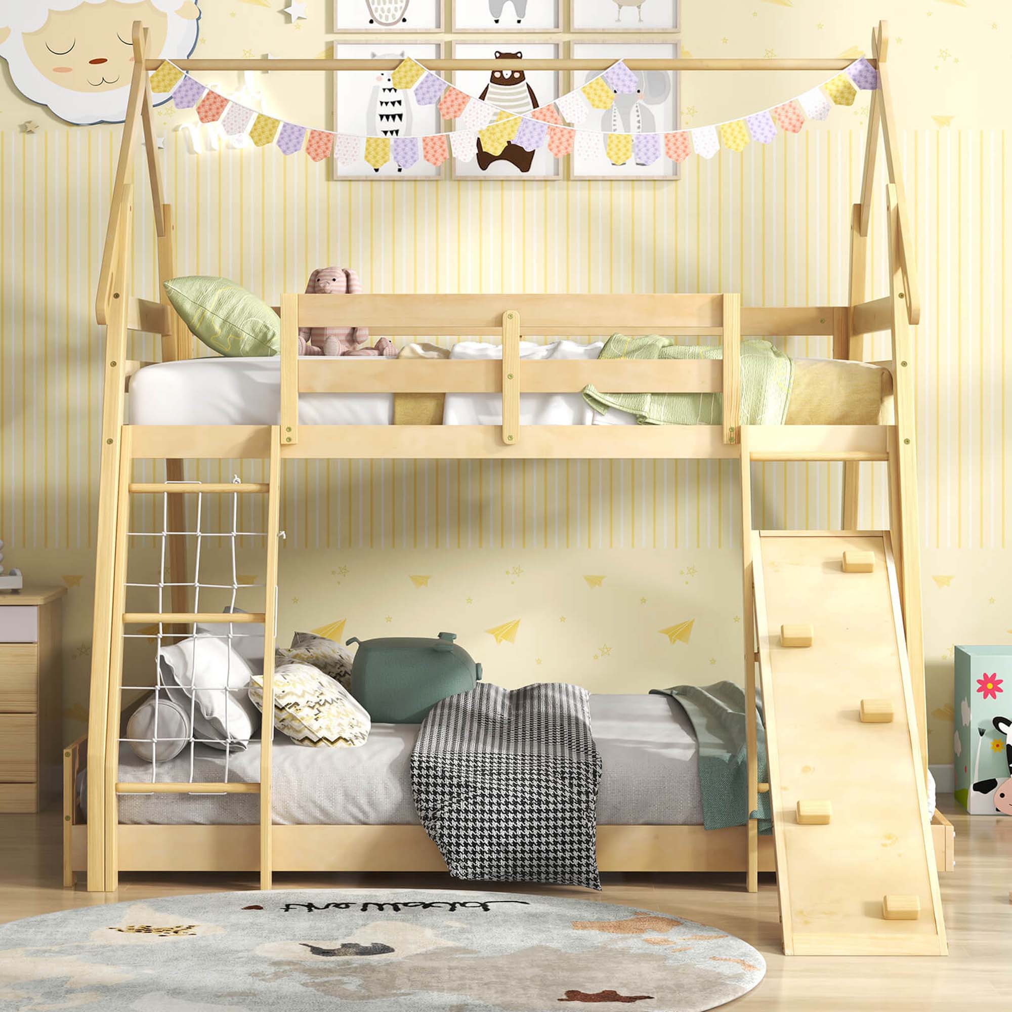 Alt View 1. Costway - Twin Over Queen Bunk Bed House Shaped Bed Frame with Climbing Nets and Ramp - Beige.