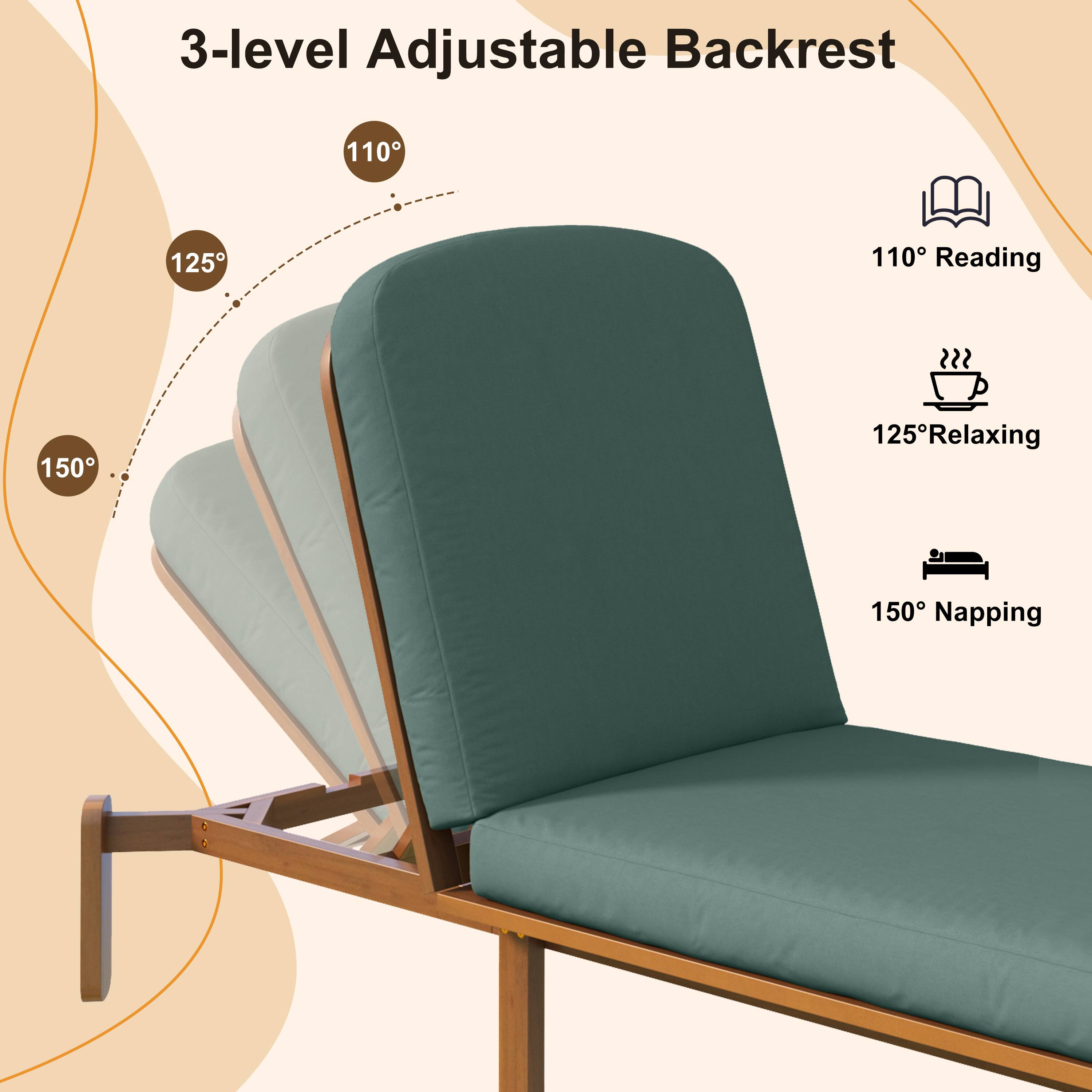 3-level Adjustable Backrest

110° Reading  
125° Relaxing  
150° Napping