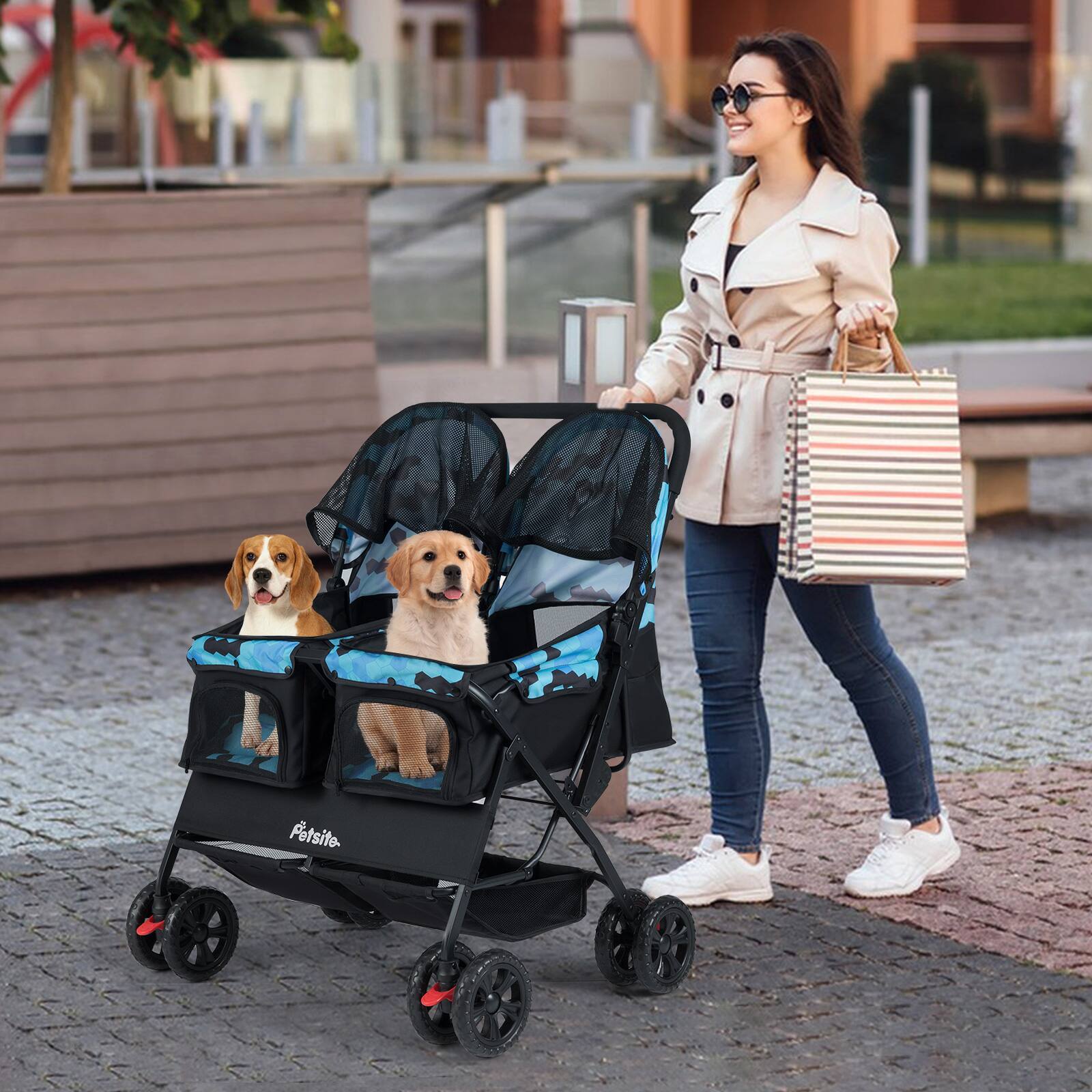 Alt View 1. Gymax - Gymax Double Pet Stroller w/ 2-seater Carrier Adjustable Sunshade Removable Pad Navy Blue.